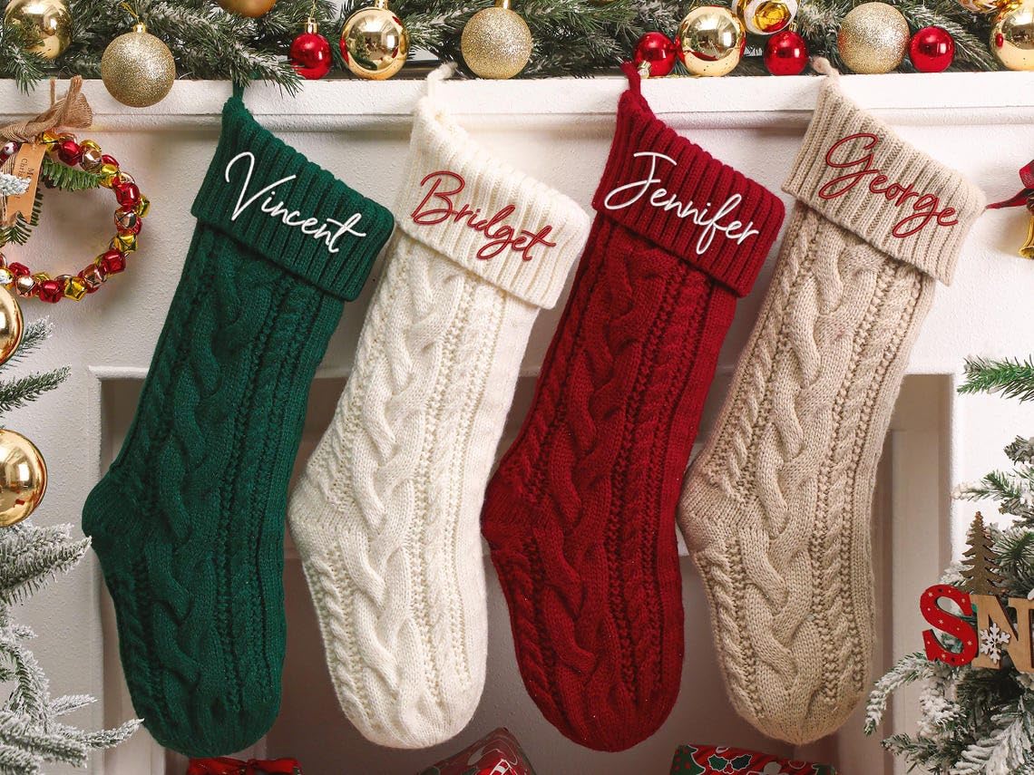 Funuricc Multicolor Personalised Christmas Stockings Large Knitted Christmas Stocking Custom Embroidered Name Stocking Christmas Decorations Christmas Tree Decorations Fireplace Hanging Decor Family Stocking