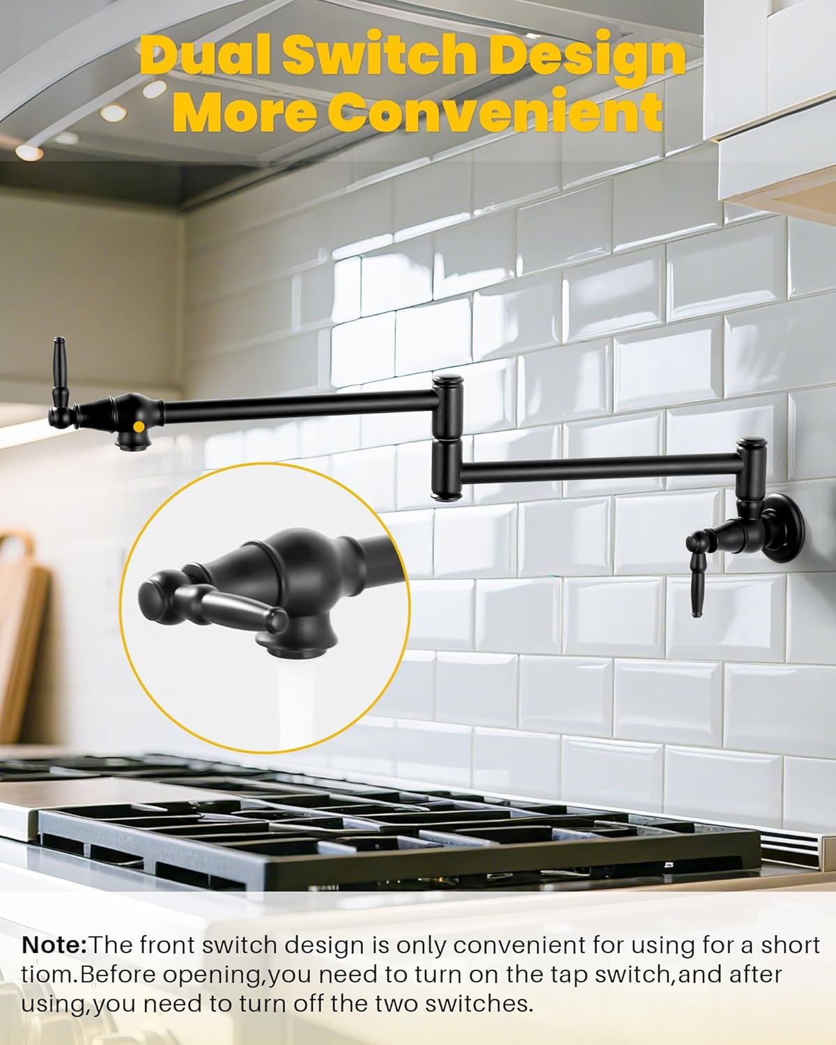 Pot Filler Faucet Matte Black: Solid Brass Wall Mount Heavy Duty Stove Pot Filler with Double Joint Swing Arms - Single Hole Commercial Folding Stretchable Faucet 2 Handles for Kitchen Restaurant