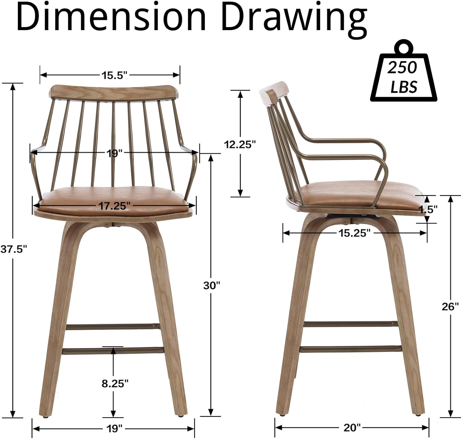26 Inch Counter Height Bar Stool, Swivel Counter Stools with Curved Arm and Footrest, Upholstered Wood Barstool with Metal Fence-Like Back for Kitchen Island Home Bar Pud(Brown Pu)