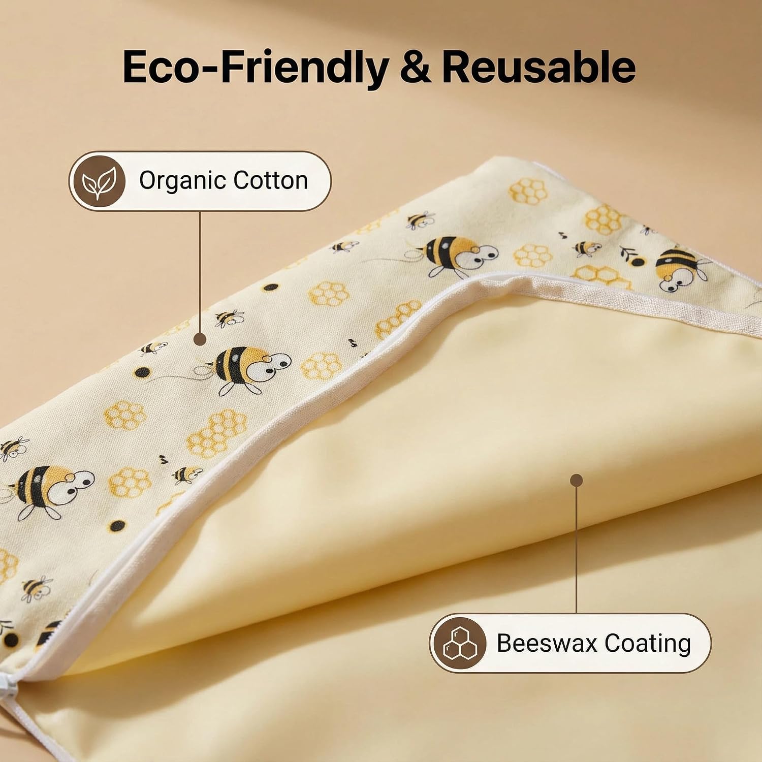 2-Pack XL Zipper Reusable Beeswax Bread Bag, 17" x 12", Yellow | For Sourdough & Homemade Bread, Double-Layer, Organic Cotton, Keeps Fresh Longer