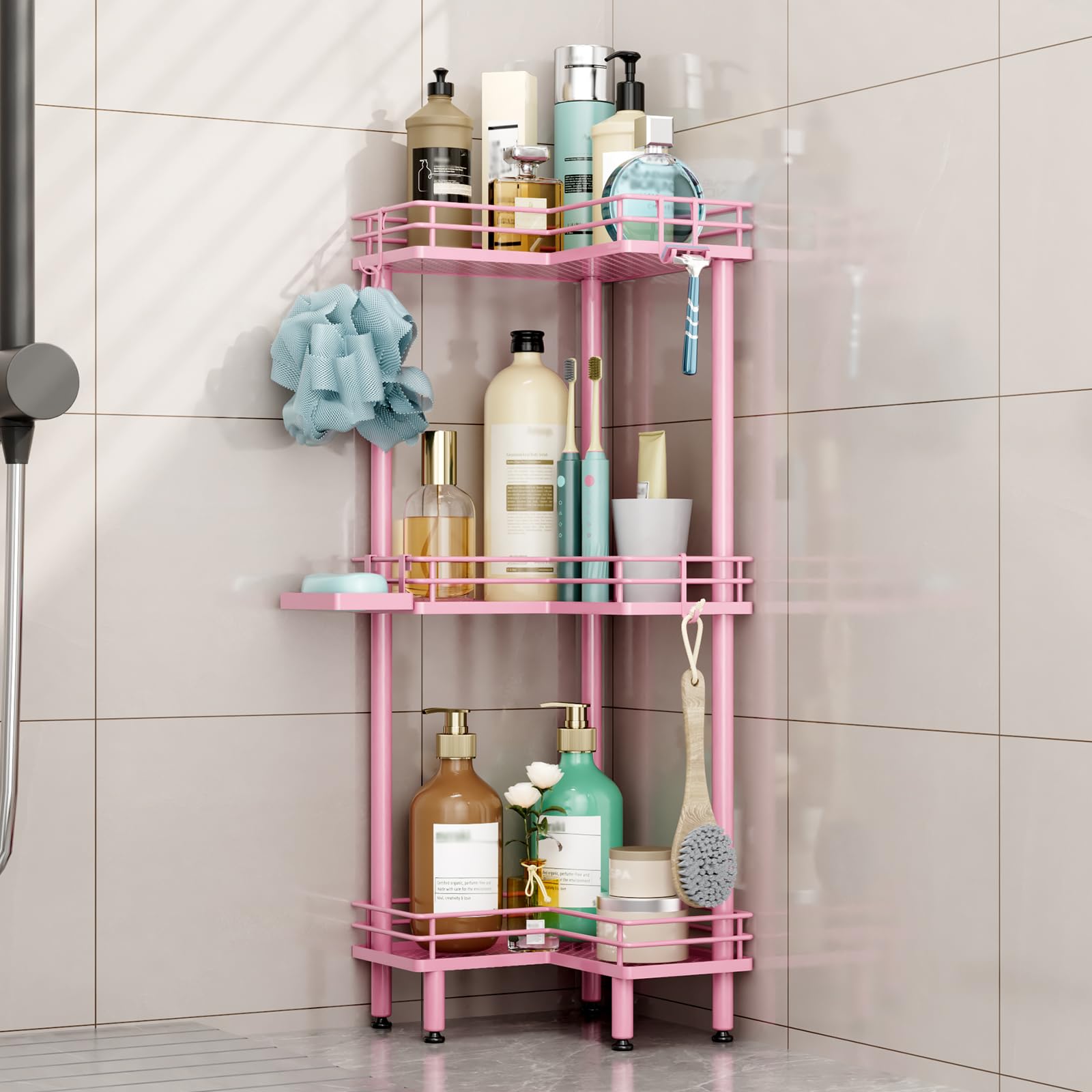 HapiRm Corner Shower Caddy Standing - 3 Tier Shower Organizer Corner with Soap Holder, Rustproof Bathroom Standing Organizer with 4 Hooks, Pink โ image 1