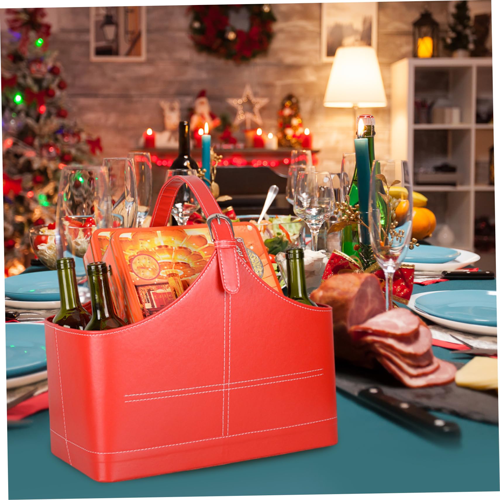 Panier en cuir Porte-revues en cuir rouge avec poignée supérieure Présentoir de Noël Panier en Porte-revues en à magazines de rangement en -