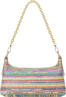Straw Shoulder Bag for Women, Boho Woven Raffia Hobo Purse with Charm Chain