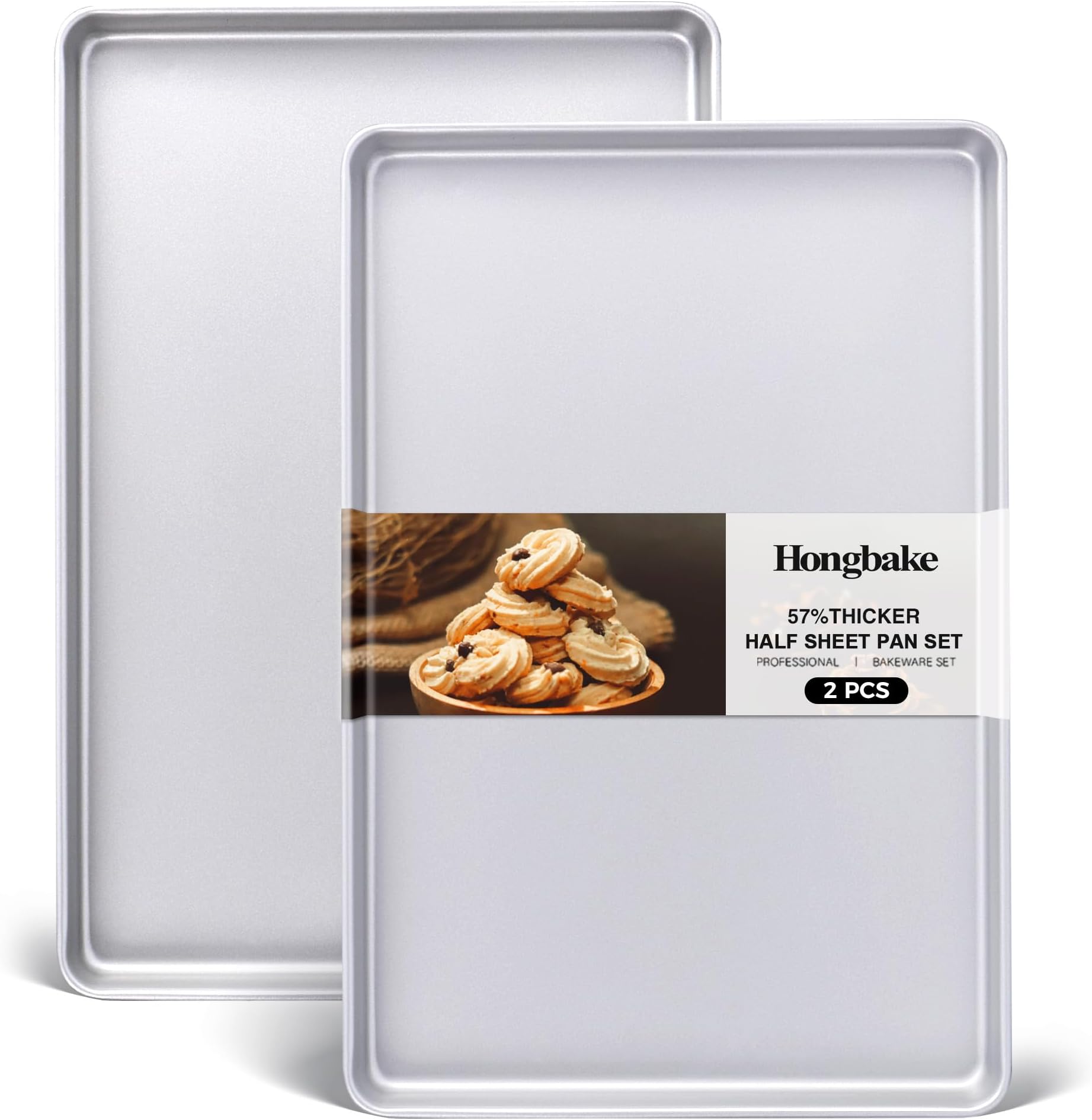HONGBAKE Baking Sheet Pan Set of 2, Heavy duty Half Size Cookie Sheet for Baking Nonstick Set , 57% Thicker Commercial Cookie Trays for oven- Silver