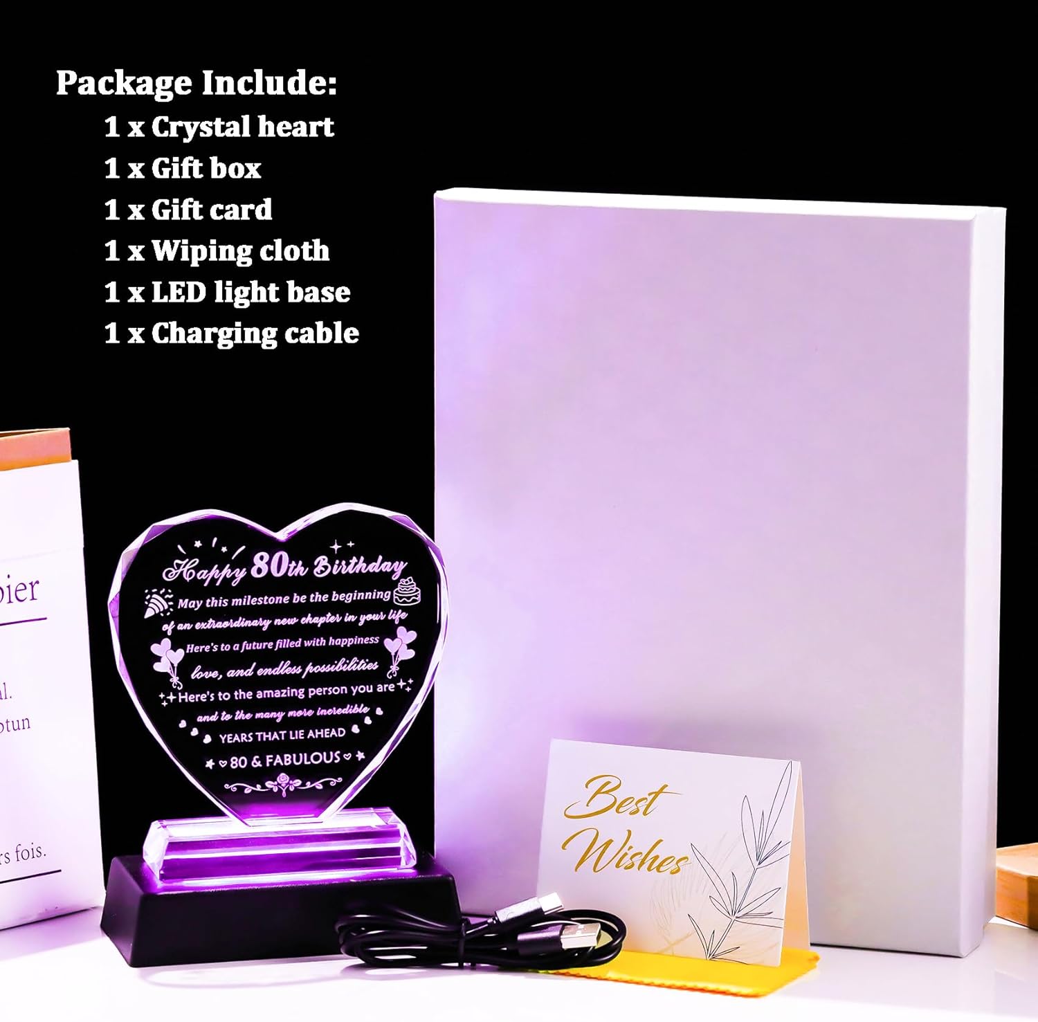 YWHL 80th Birthday Gifts for Women Men with Colorful Light Base, Laser Crystal Heart Happy 80th Birthday Decoration Plaque, Gifts Ideas for 80 Year Old Women Men Mom Dad Grandma Wife Friends - Image 6