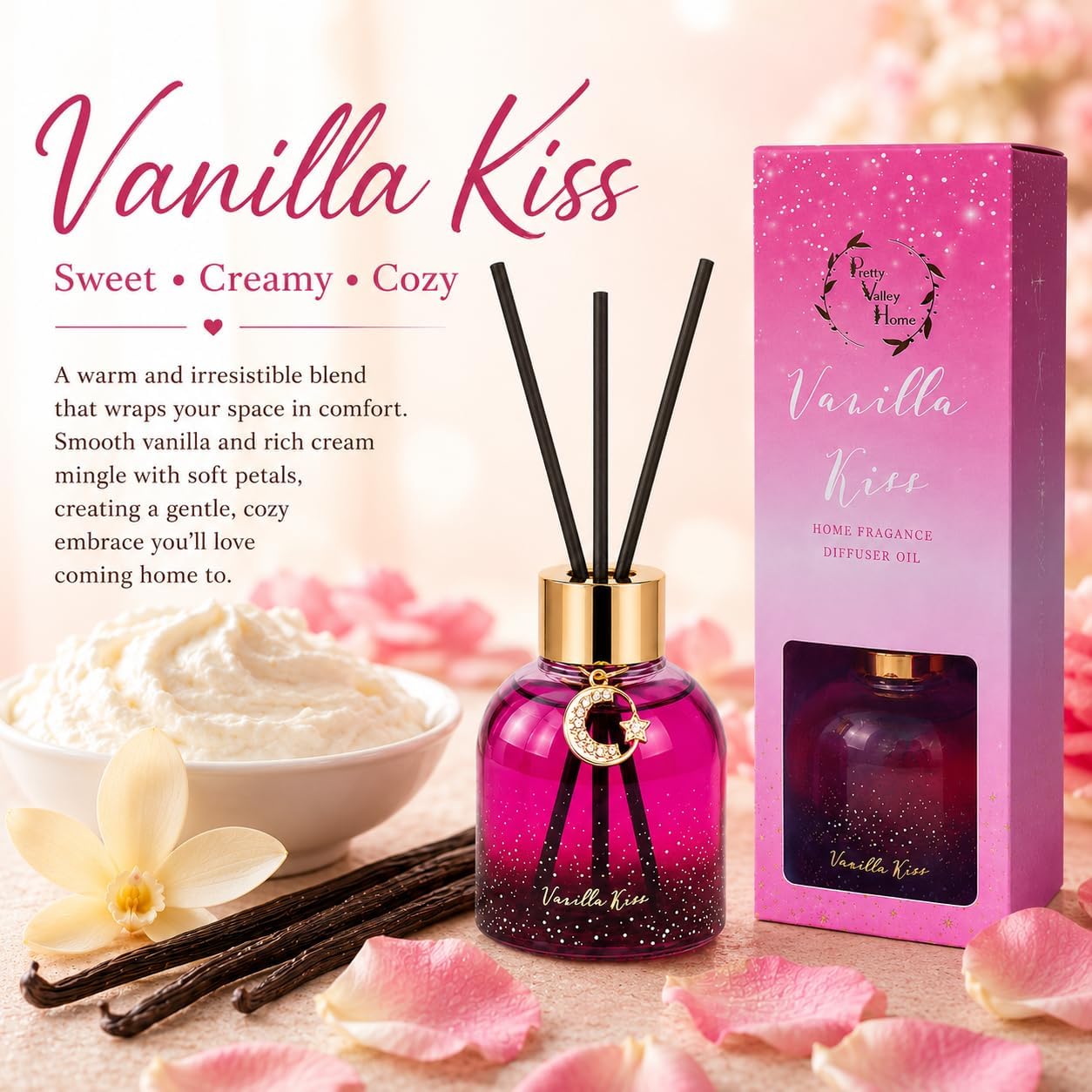 Reed Diffuser Set, Pretty Valley Home Diffuser 80Ml / 2.7 fl OZ Gift Box - Includes Reed Diffuser Sticks, Long Lasting Fragrance Oil and Glass Bottle for Office Living Room Decor (Vanilla kiss)