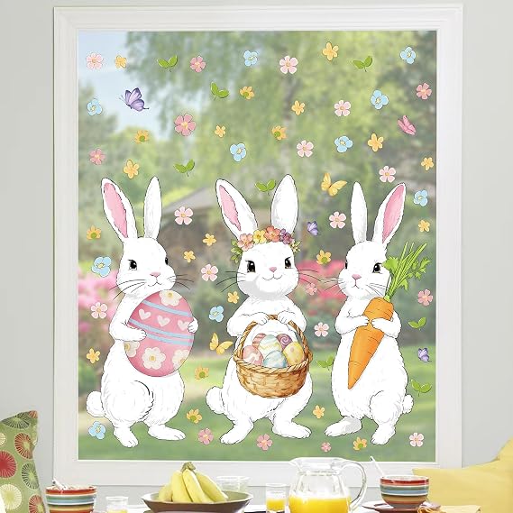 Easter Window Clings Decorations, 3 Large Bunny Window Decals for Easter, Bunny Carrot Eggs Windows Stickers Decor for Glass Home Office Spring Accessories 6 Sheets