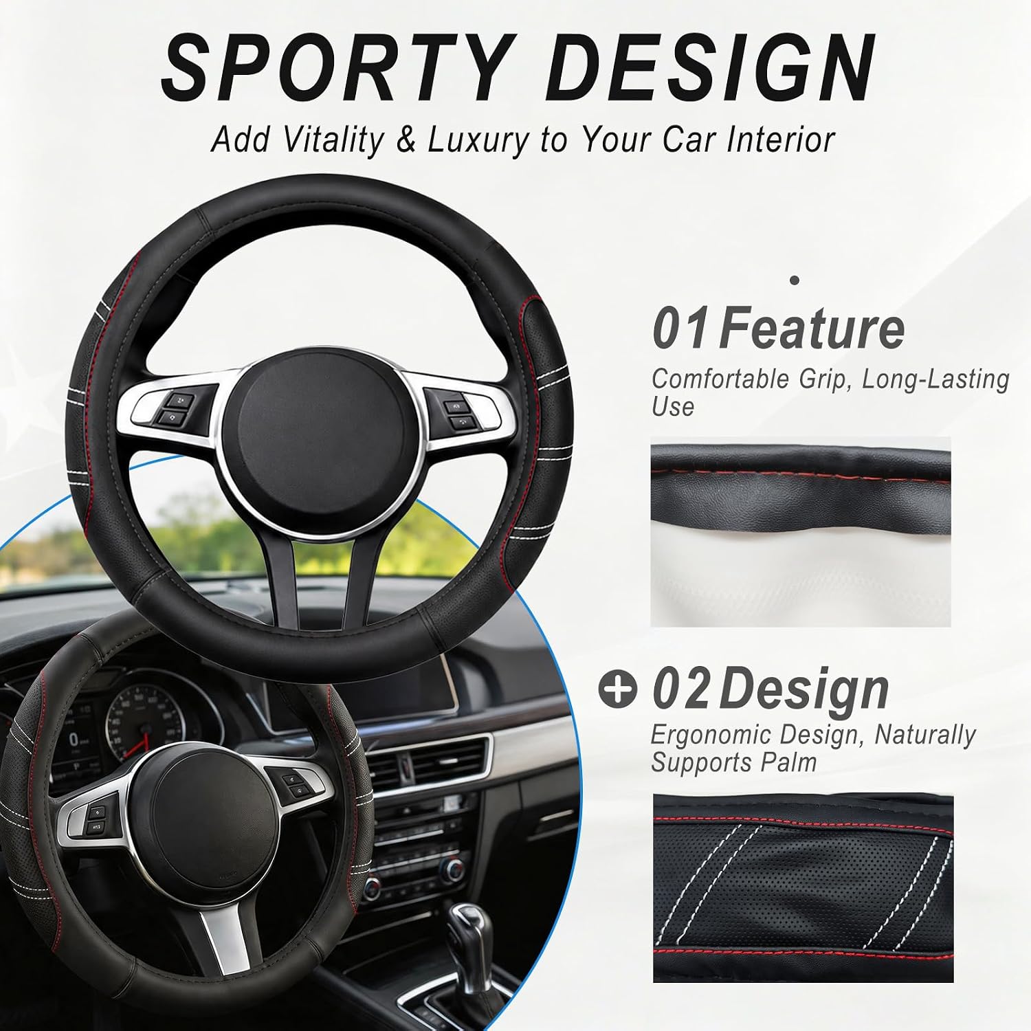 6 PCS Car Accessories Set, 14.5"-15" Leather Steering Wheel Cover, Center Console Cover, Seat Belt Cushion, Car Coaster, Auto Interior Accessories, Universal for Truck SUV Van (Black)
