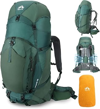 Night Cat Internal-frame Hiking Backpack 100L Large Camping Backpack for Men Women Traveling Waterproof Rain Cover Green