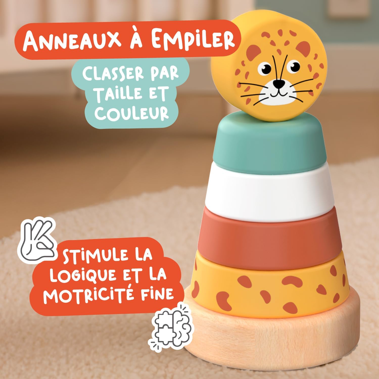 Nene Toys Jouet Bébé 1 an – Jouet Montessori en Bois 4-en-1 avec Blocs Sensoriels, Pluie Musicale, Labyrinthe Girafe & Anneaux à Empiler – Jeu Sensoriel Cadeau Éducatif pour Fille & Garçon 12 Mois+ — image 6