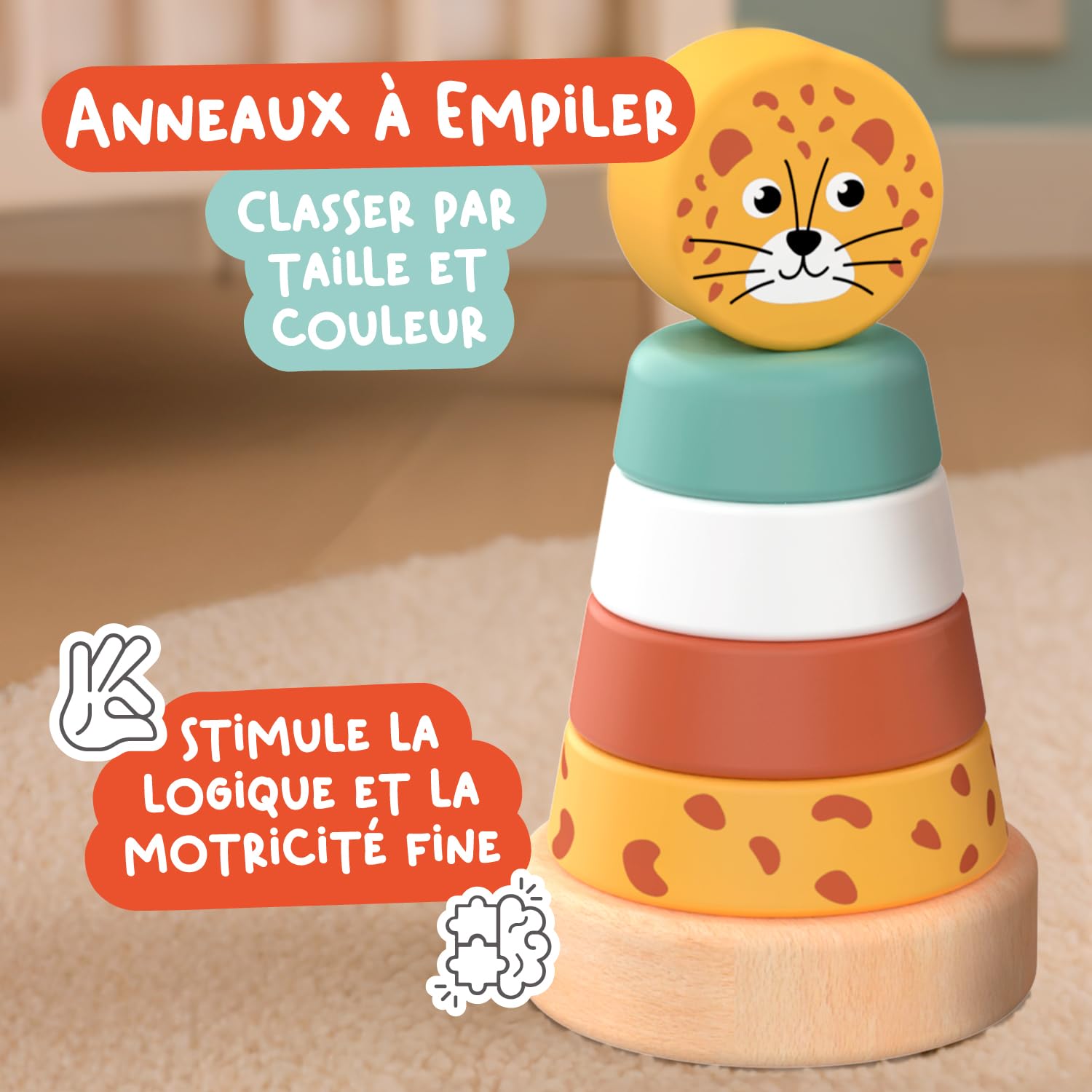 Nene Toys Jouet Bébé 1 an – Jouet Montessori en Bois 4-en-1 avec Blocs Sensoriels, Pluie Musicale, Labyrinthe Girafe & Anneaux à Empiler – Jeu Sensoriel Cadeau Éducatif pour Fille & Garçon 12 Mois+