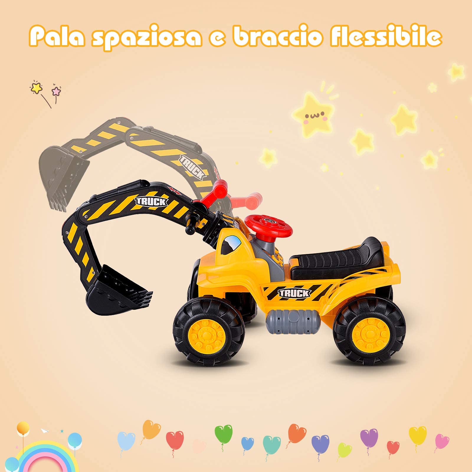 GYMAX Ruspa Giocattolo per Bambini, Escavatore Giocattolo Grande con Suono, Adatto per Casa e Giardino, di Plastica, Giallo, 84x45x30cm