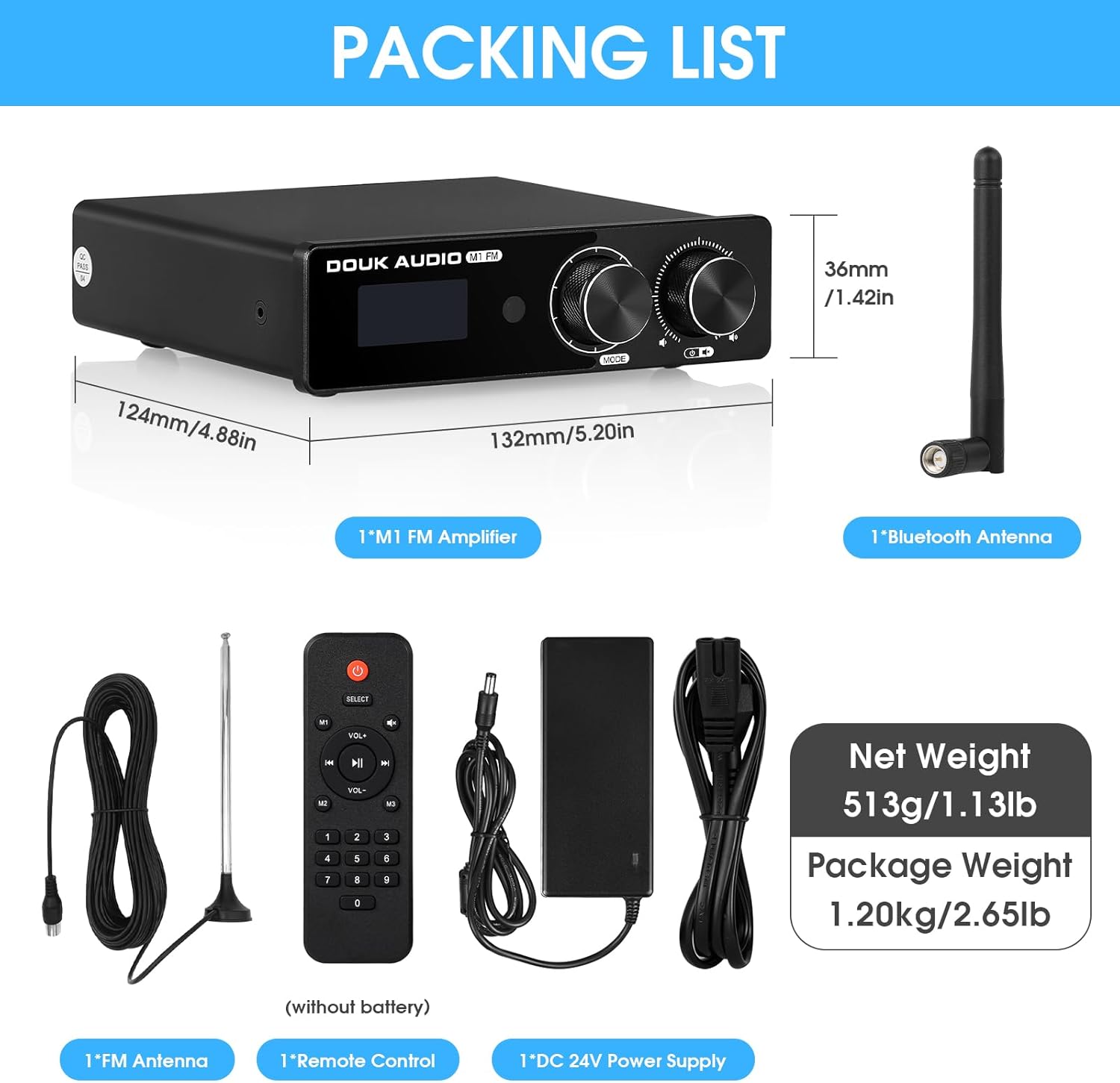 Douk Audio M1FM AmpLlista d'embalatge de lifier