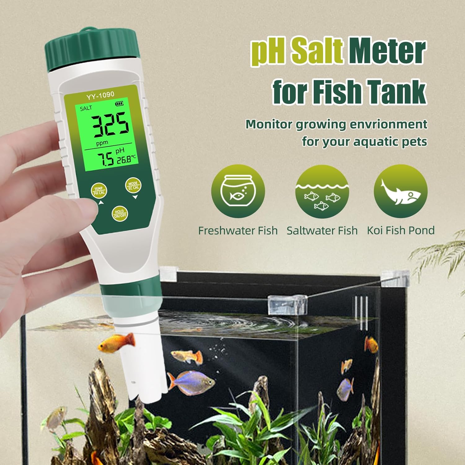 Yewhick YY-1090 pH Salt Meter used in a fish tank
