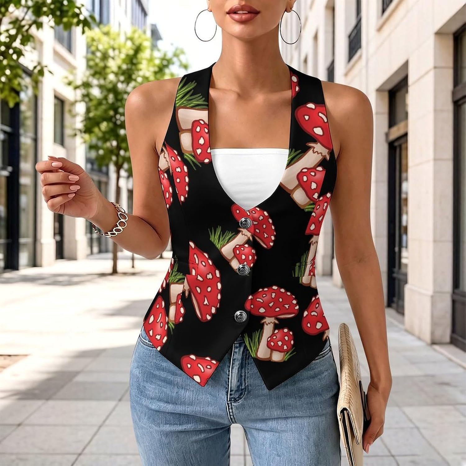 Magic Mushrooms Women's Suit Vest V Neck Button Down Waistcoat Jacket Business Casual Tops