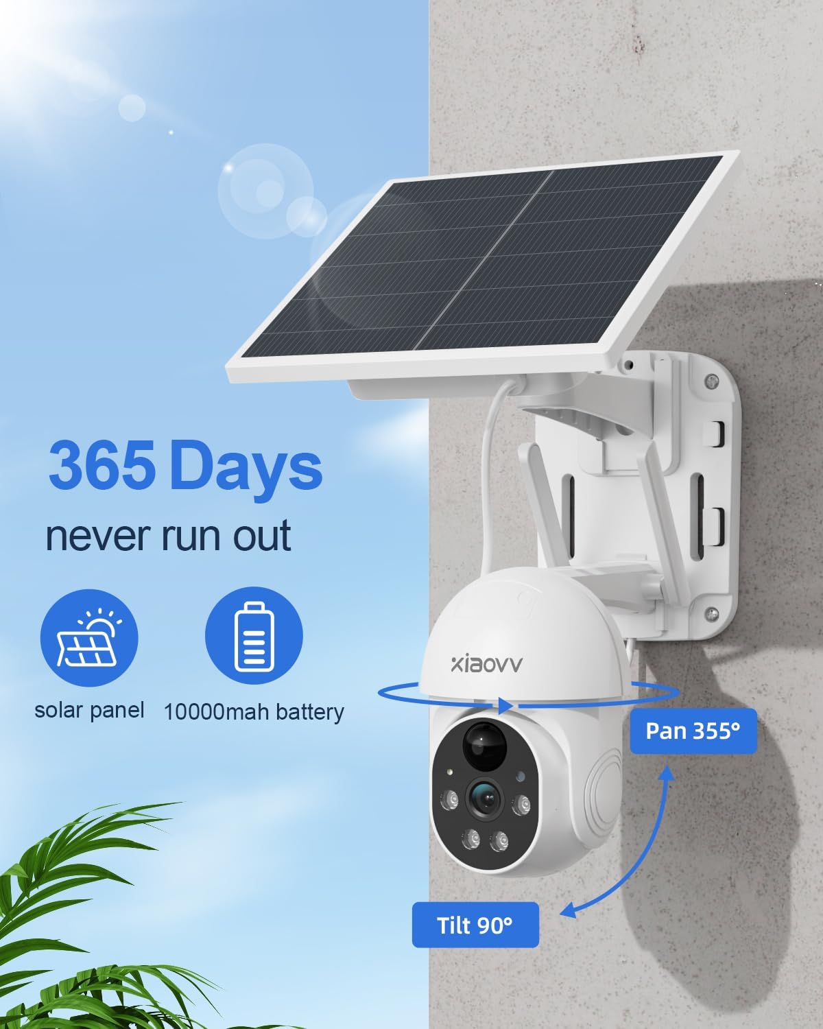 XIAOVV Solar Camera showing 365 days power, 10000mAh battery, 355 degree pan, 90 degree tilt