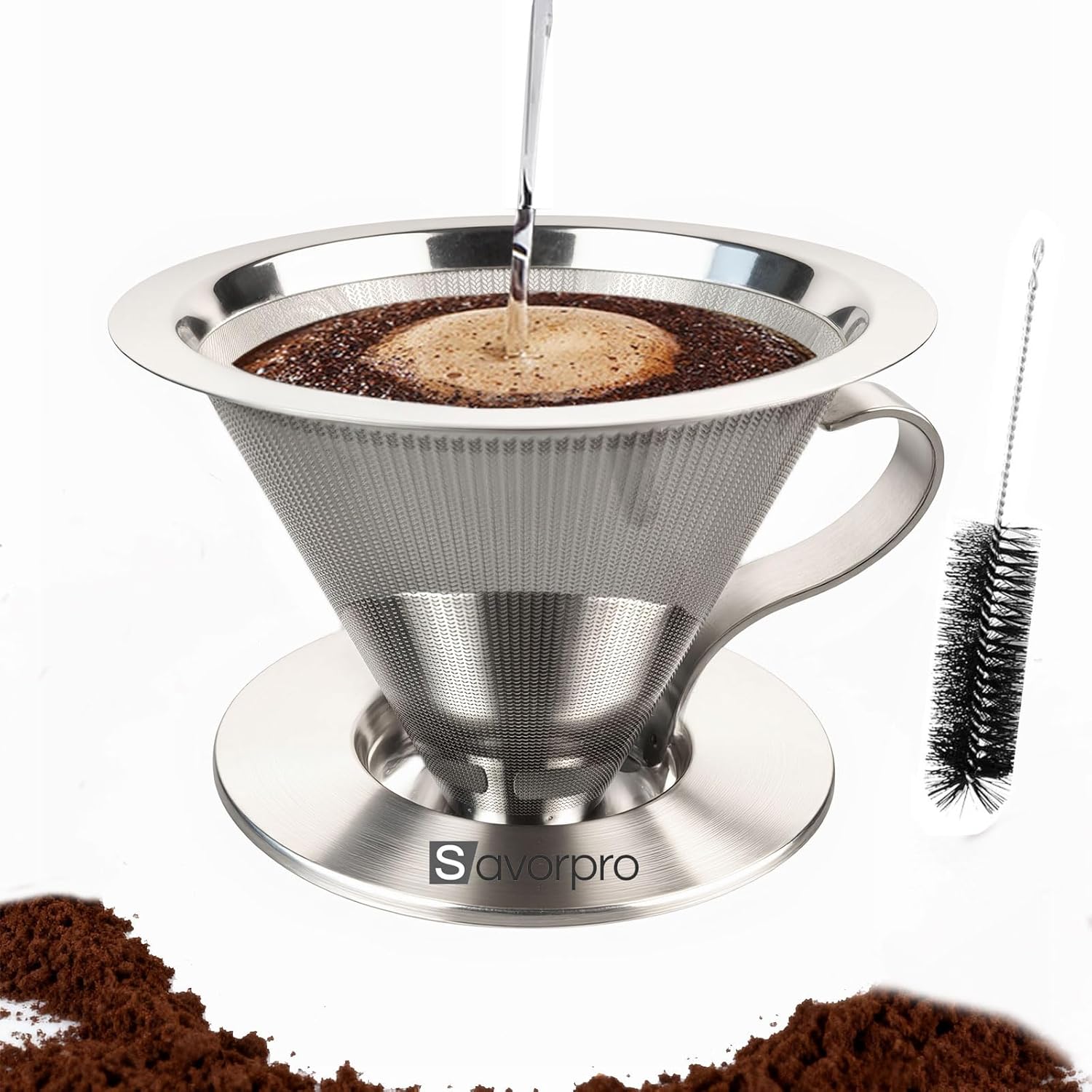 Pour Over Coffee Dripper,Double Mesh Stainless Steel Filter,Paperless Strainer Reusable Cone Coffee Filter With Handle, Maker 1-4 Cups