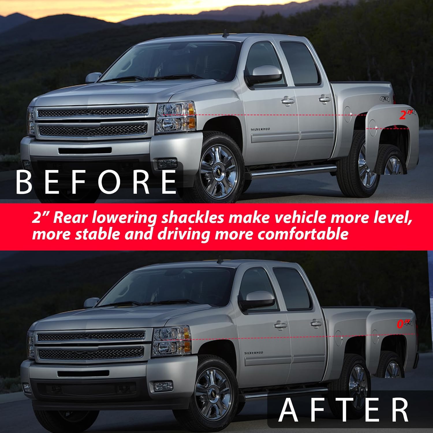 2" Lowering Drop Shackles Rear Kit: for Silverado Chevy GMC Sierra Ford C1500 Ranger 1988-2019 Leaf Spring Upgraded 2 Inch Suspension Shackle 410520 & 8pcs Gaskets More Horizontal Comfortable