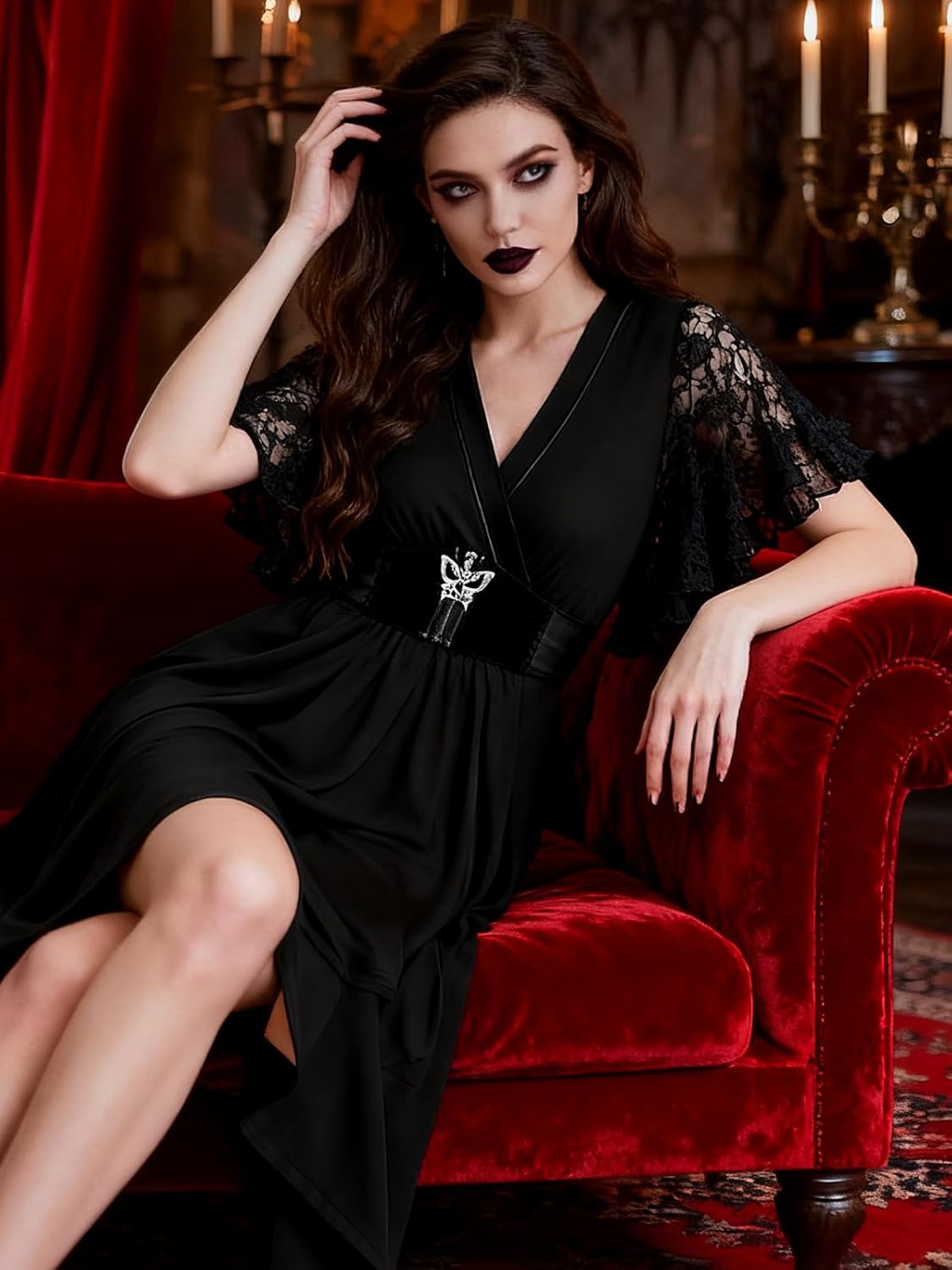 Witch Costume Women Halloween Costumes 2026 Gothic Lace Mesh Butterfly Sleeve A Line Vampire Dress - Image 3