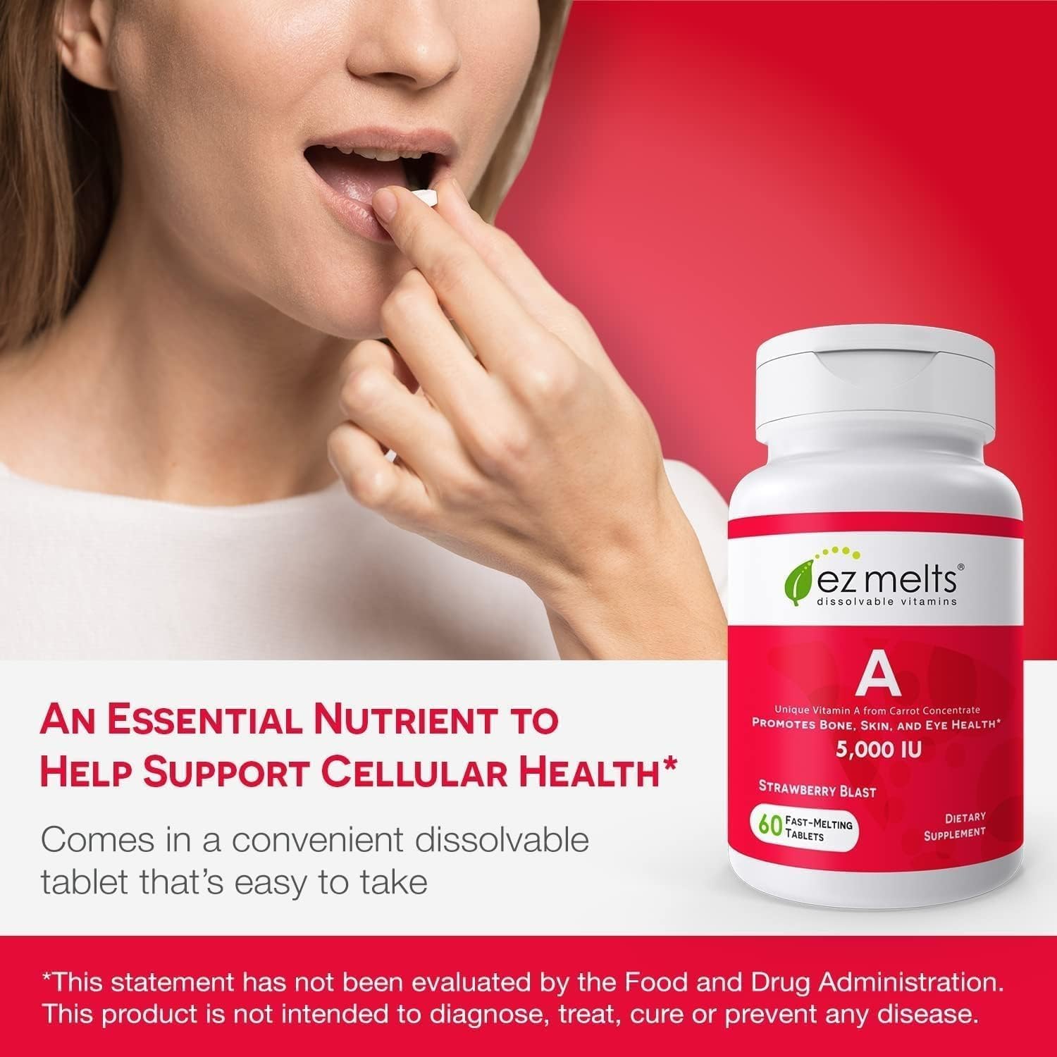 EZ Melts Vitamin A - Skin, Eye & Bone Health Supplement - Supports Healthy Nervous System - No Artificial Flavors - Non-GMO & Vegan - Strawberry Blast - 120 Dissolvable Tablets (120 Servings)