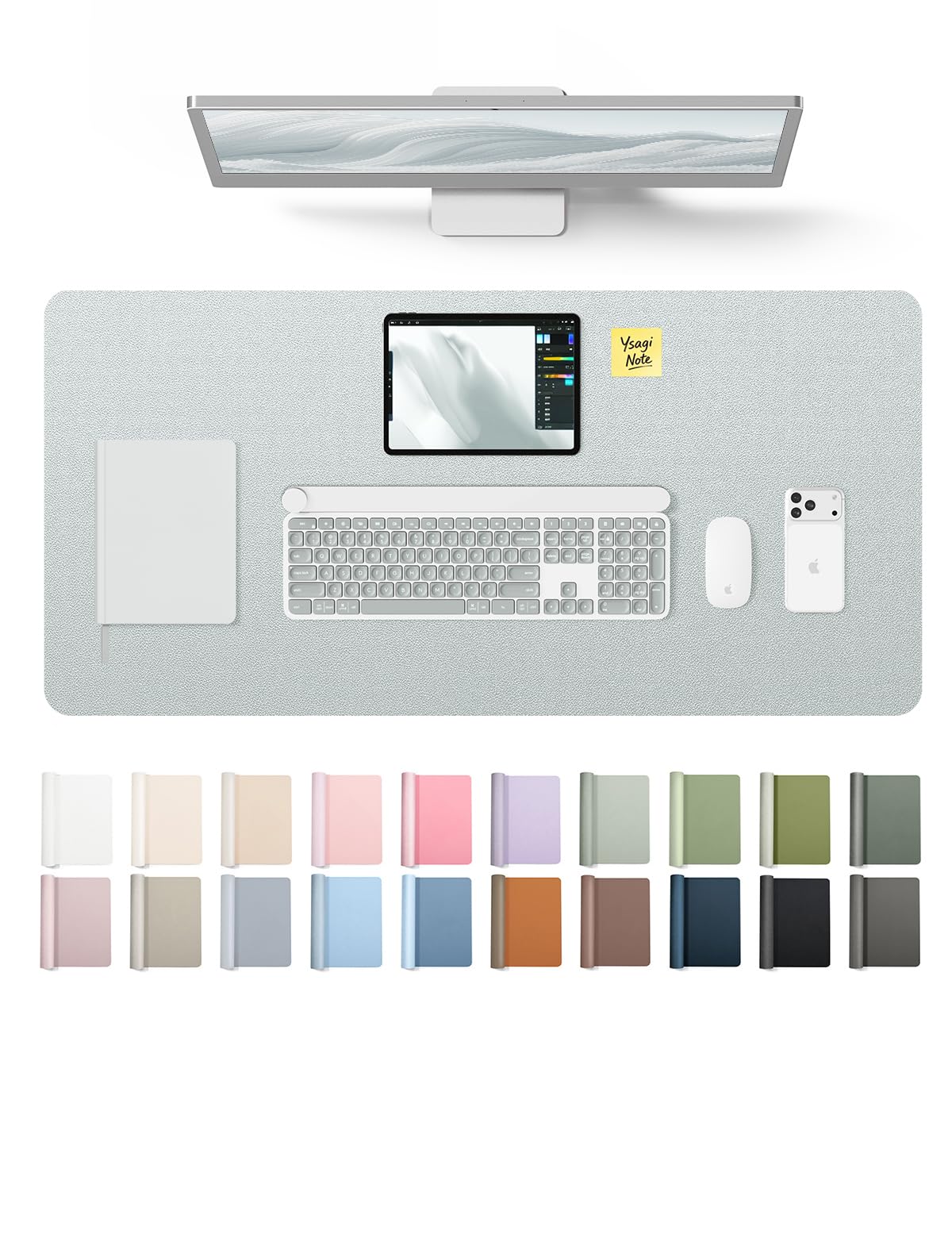 YSAGi Silver PU Leather Desk Pad Protector, Large Mouse Pad & Writing Mat (31.5" x 15.8") | Protects Desk Surface - main product image