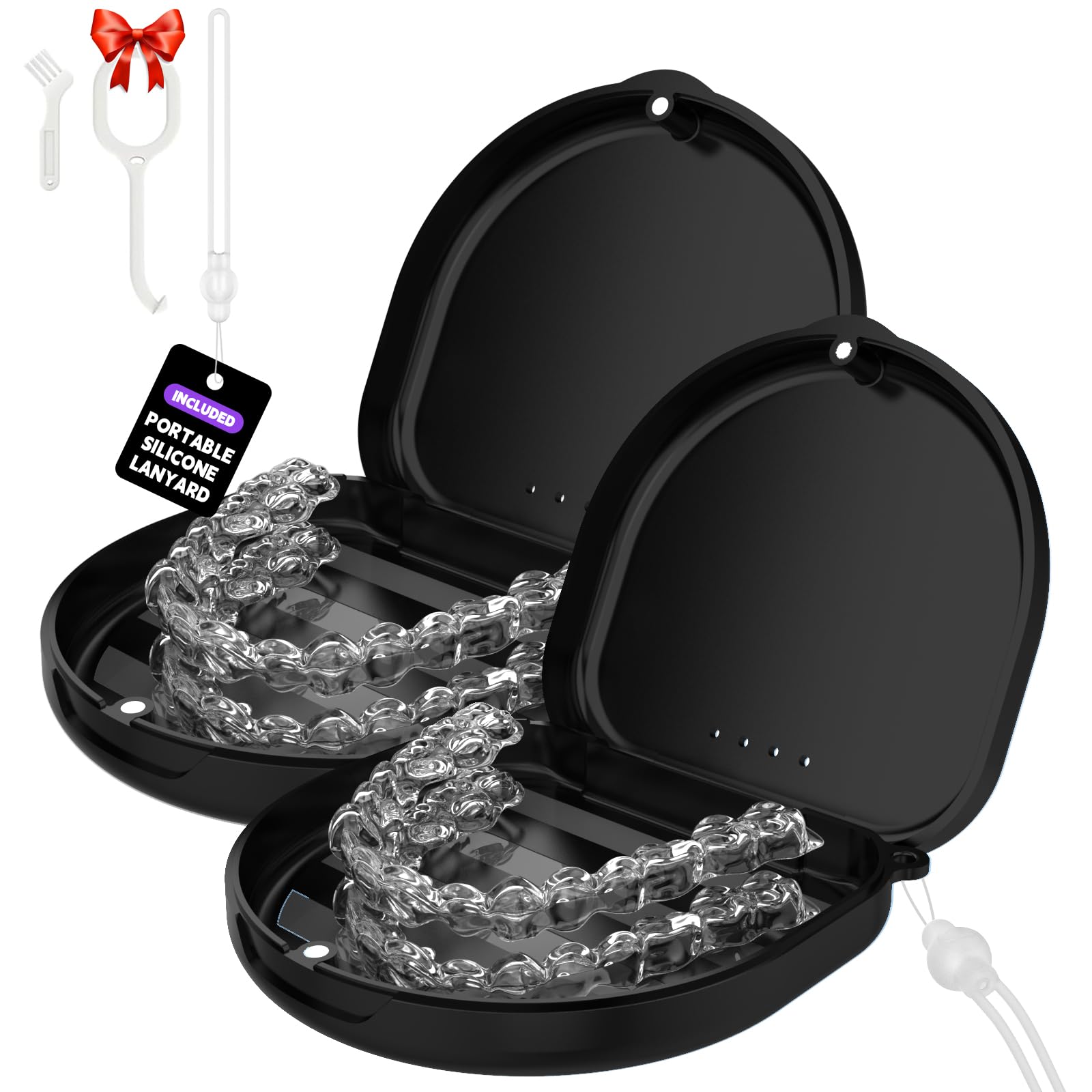 2Pack Retainer Case, Compatible with Invisalign, Slim Aligner Case with Vent Holes, Portable Orthodontic Box with Removal Tool, Brush and Lanyard,