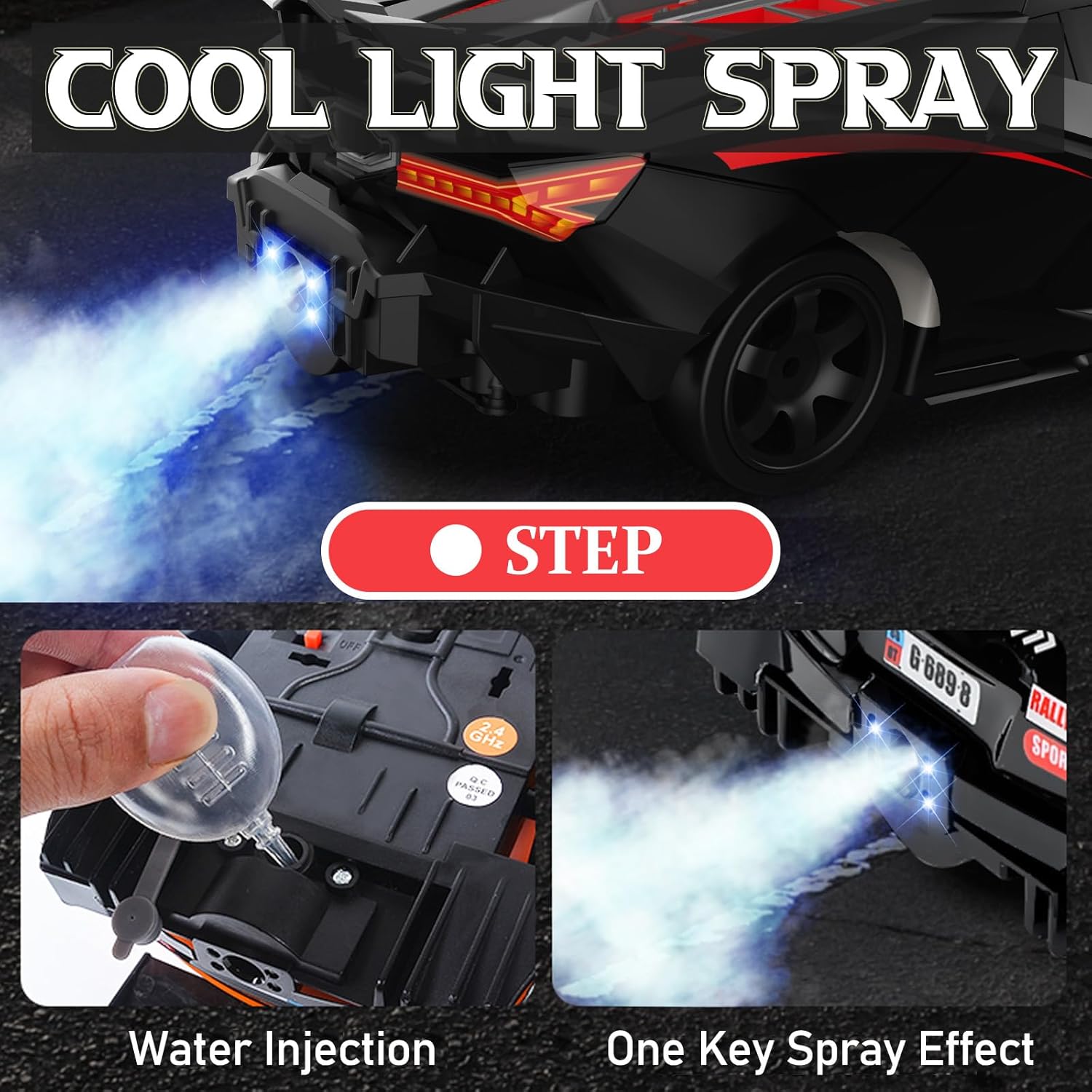 Remote Control Car RC Drift Car 1:16 Scale 4WD 18KM/H High Speed Model Vehicle 2.4GHz with LED Lights Spray Rubber Tire Racing Sport Toy for Adults Boys Girls Kids Gift 2Pcs Rechargeable Batteries