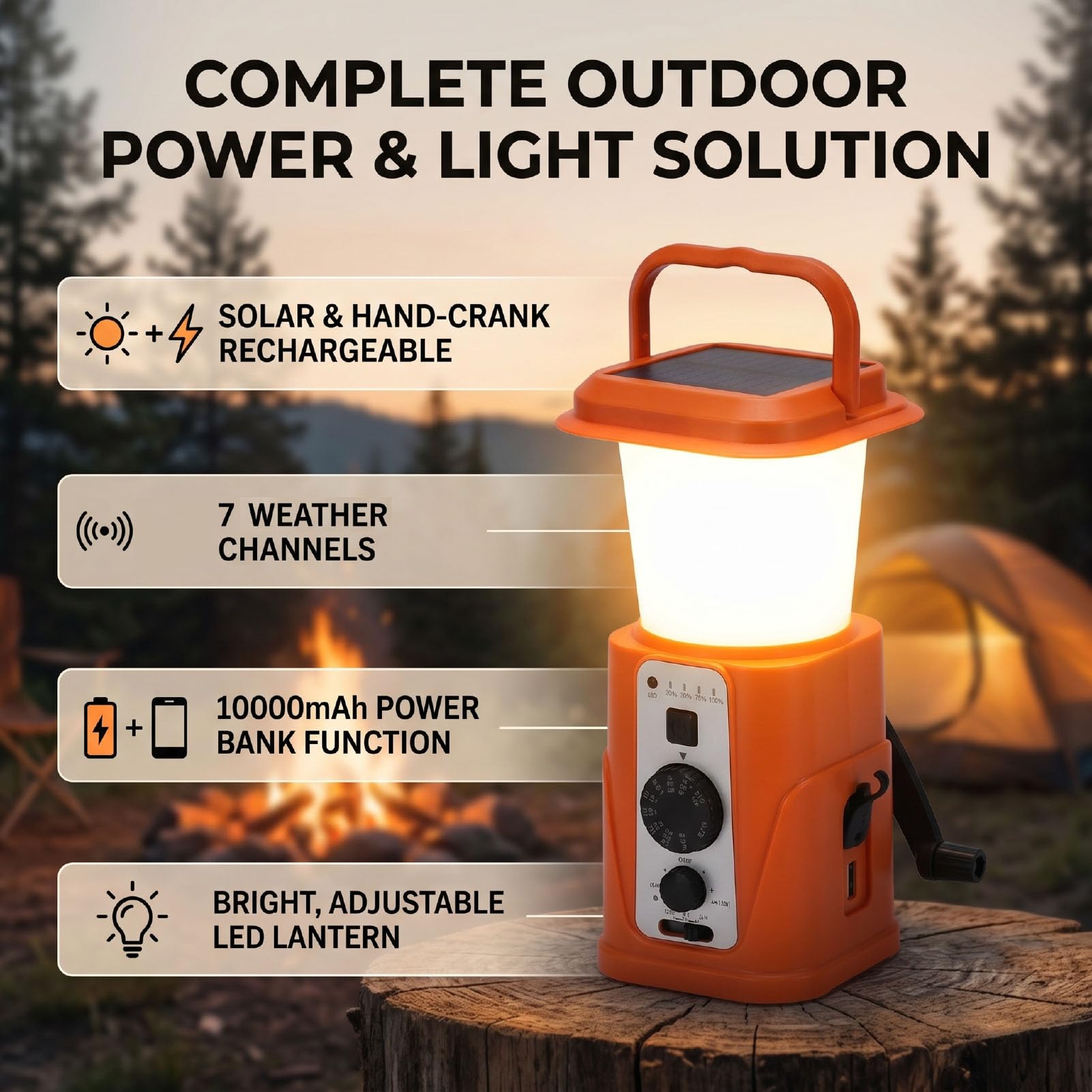SIXRUN Lanterna da Campeggio Solare, Luce da Campeggio Ricaricabile in ABS PP con Power Bank da 10000 MAh, Manovella, Ricarica USB C, 7 modalità, 40 Ore di Autonomia per Escursioni in di Emergenza