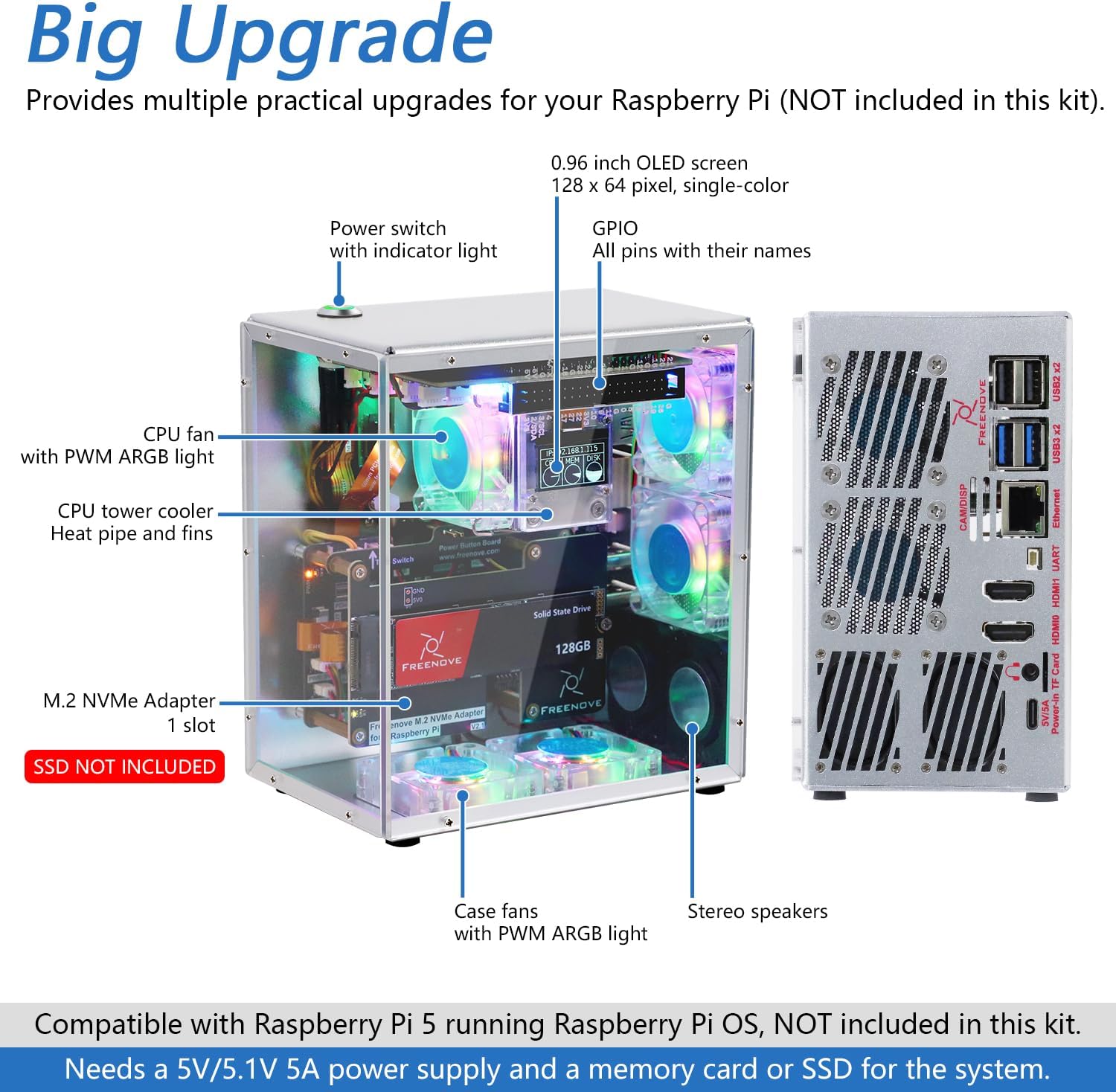 Freenove Raspberry Pi 5 PC Case Kit, M.2 NVMe SSD Slot, 5 PWM ARGB Fans Light Sync, CPU Tower Cooler, 0.96" OLED Screen, Stereo Speakers, 3.5 mm Audio (SSD NOT Included)