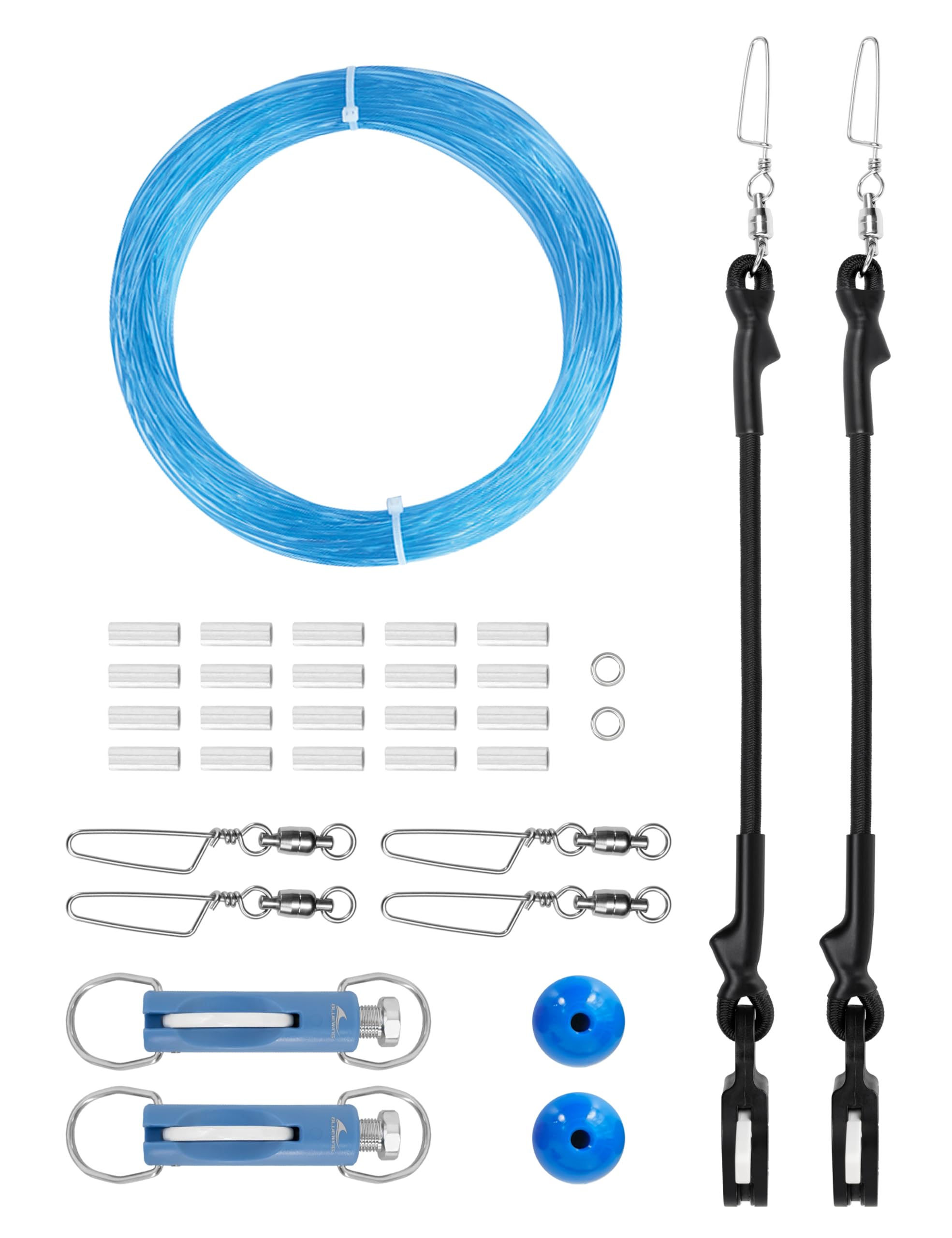 BLUEWING Upgraded Single/Double/Triple Outrigger Rigging Kit All-in-One Kit with 400lb Mono Line, Release Clips, Pulley, Snap Swivels, Crimps, Ball