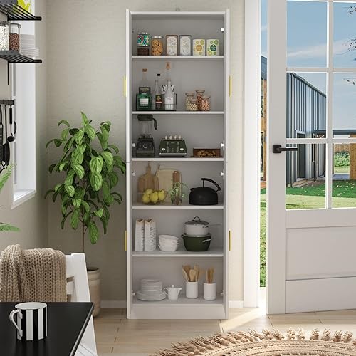 Miniatura 4 de ECACAD Despensa de cocina con 4 puertas y estantes ajustables, armario de almacenamiento de madera de 6 niveles, armario de cocina independiente