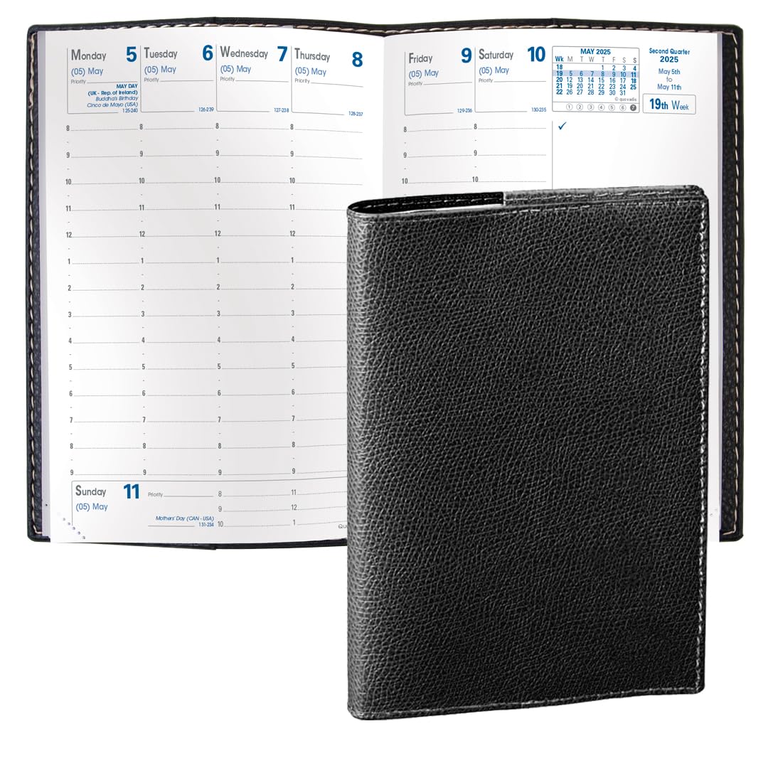 QUO VADIS2025 Business - Weekly Planner - 12 Months, Jan. to Dec. - 4 x 6" - Grained Faux Leather Club Black Cover- Time Management Appointment Organizer