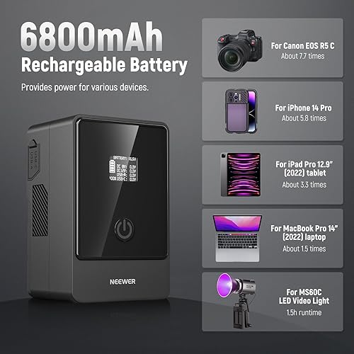 Miniatura 3 de Neewer Batería de montaje en V PS099E con cable tipo C, 6800mAh 99Wh 14.5V Mini V Lock con pantalla OLED, carga rápida 65W PD USB C, D TapBPUSB ADC