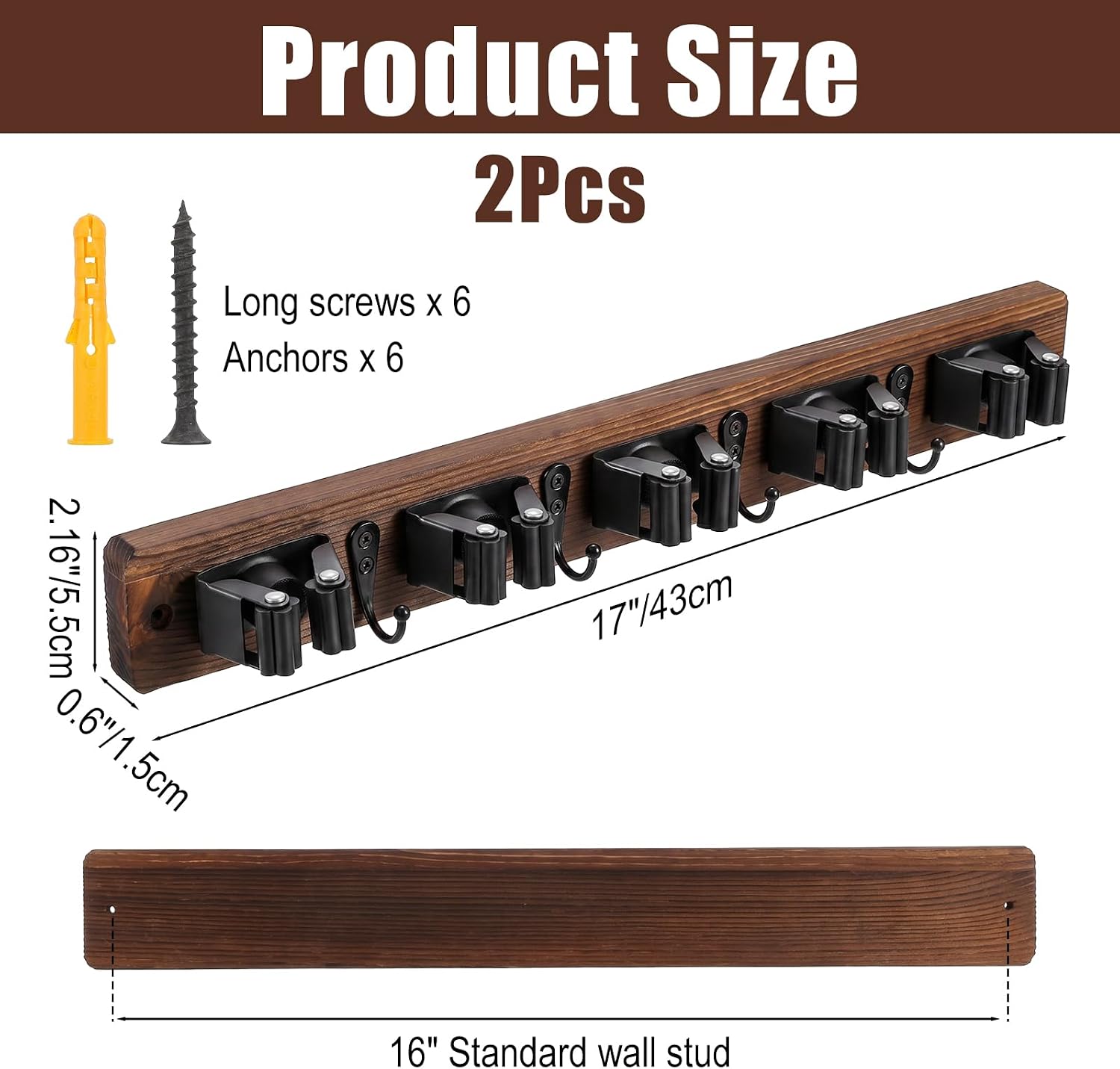 2 Pack Broom Holder Wall Mount Rustic Wood Broom Hanger Wall Mount With 5 Slots And 4 Hooks Mop And Brooms Organizer Walls Hanging For Laundry Rooms Garage Kitchen Closet Decor Brown