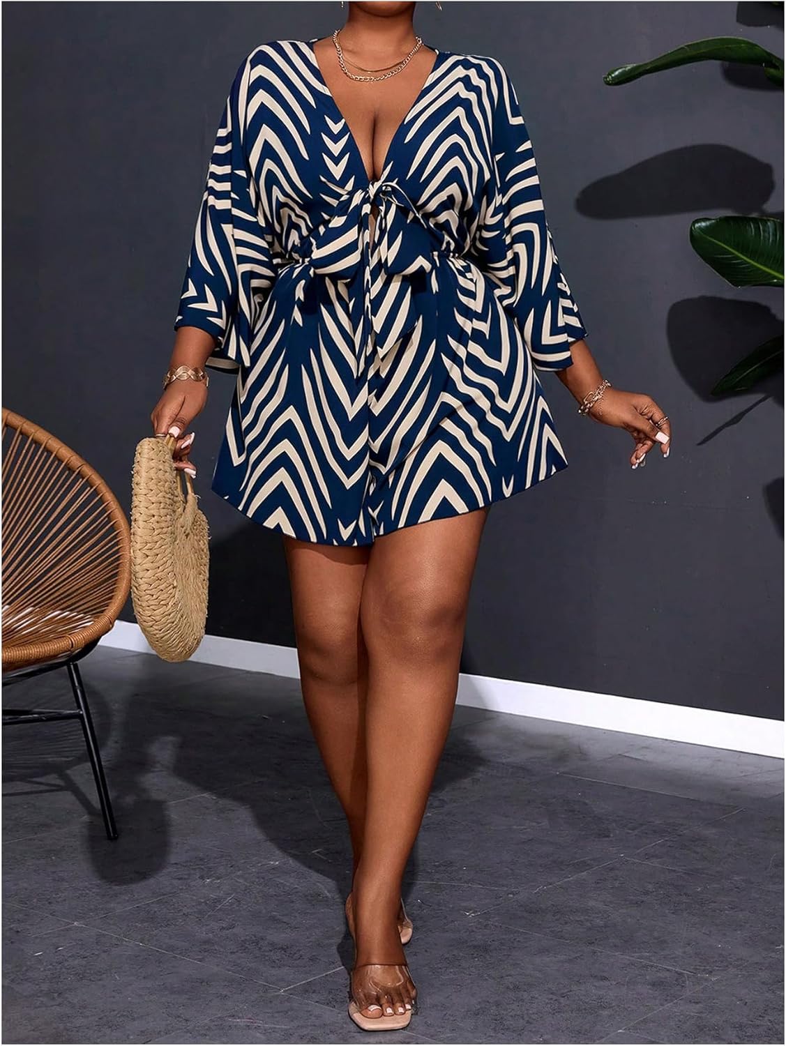 SOLY HUX Women's Plus Size Romper Striped V Neck Tie Front 3/4 Sleeve Loose Short Jumpsuit - Image 6