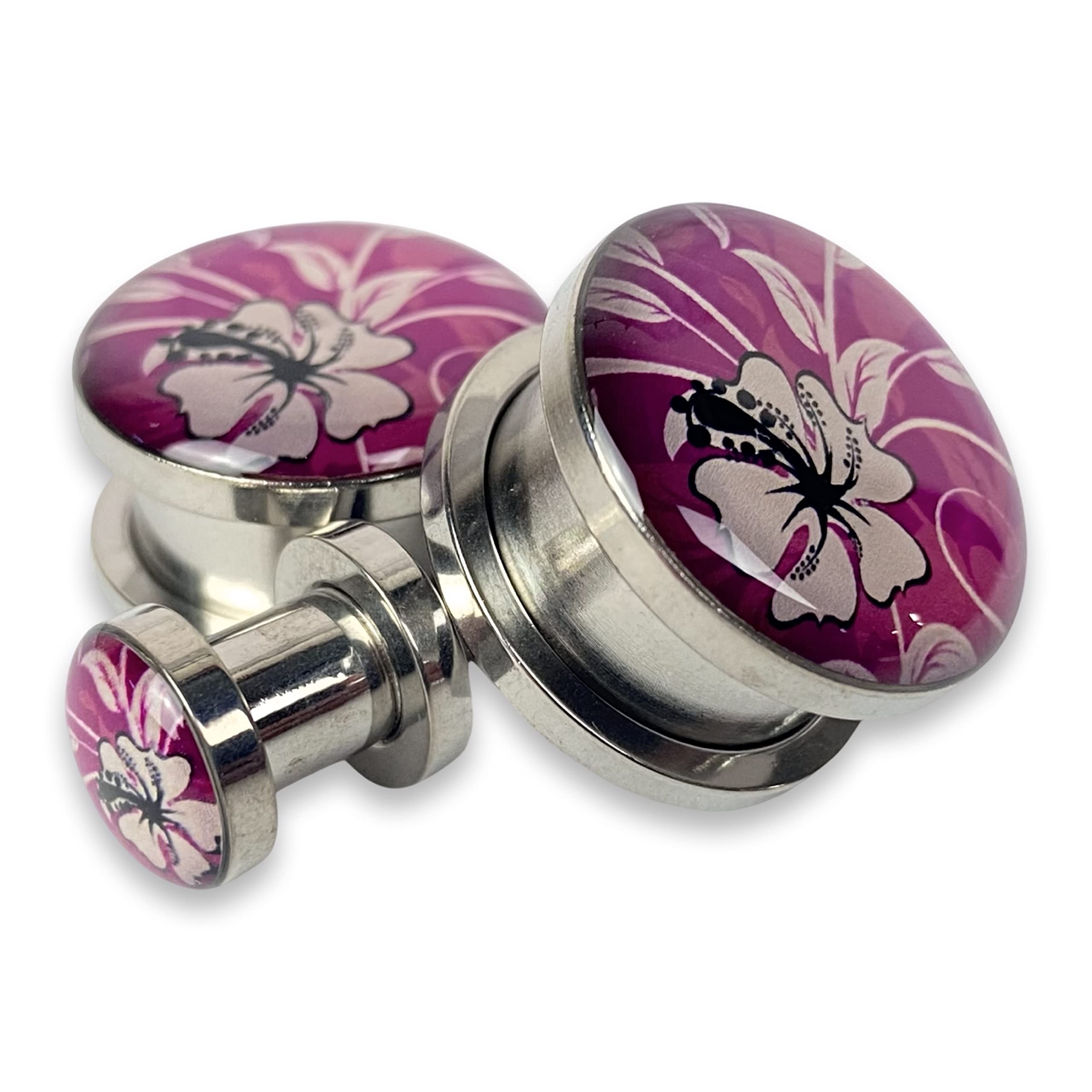Mystic Metals Body Jewelry Pair of Screw on Floral Pattern Style 1 Picture Plugs