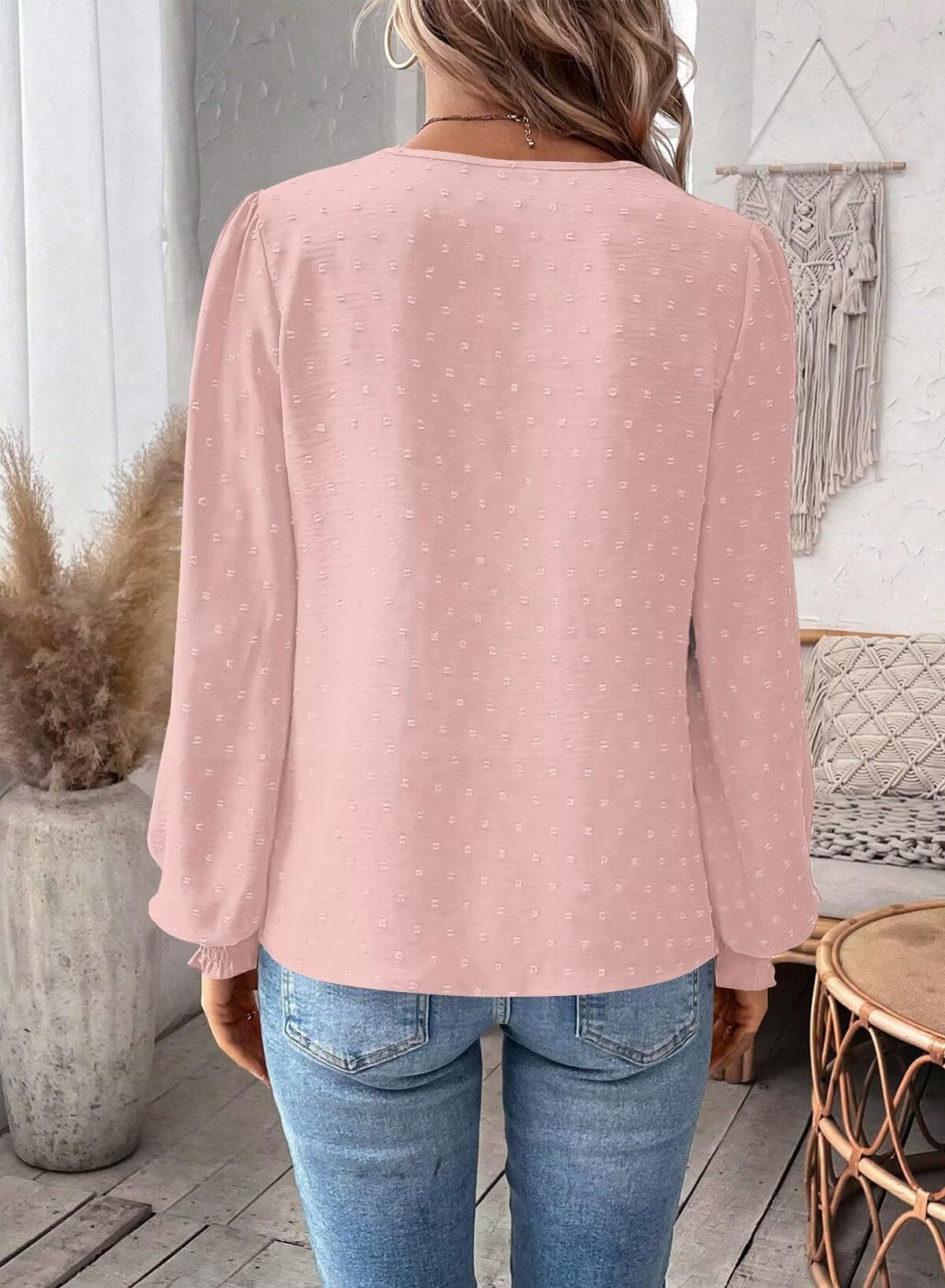 Elegancka Koszulka Damska Długim Rękawem Koszulki Dekoltem W Serek Jesień Boho Casual Falbany Koszula Odzież Top