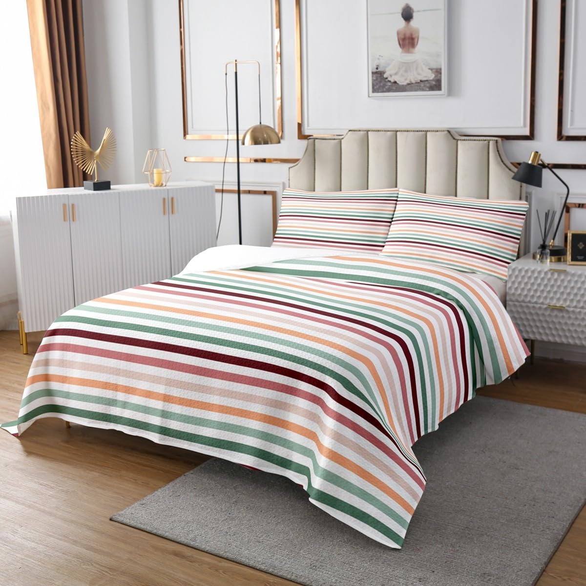 Homewish Colorful Stripes Bedspread Set Queen Size for Kids,Boys Girls Rainbow Quilt Set Line Gradient Bedspread Coverlet Stripes Art Bedspread 3 Piece Decorative Bedding Quilted with 2 Pillow Shams