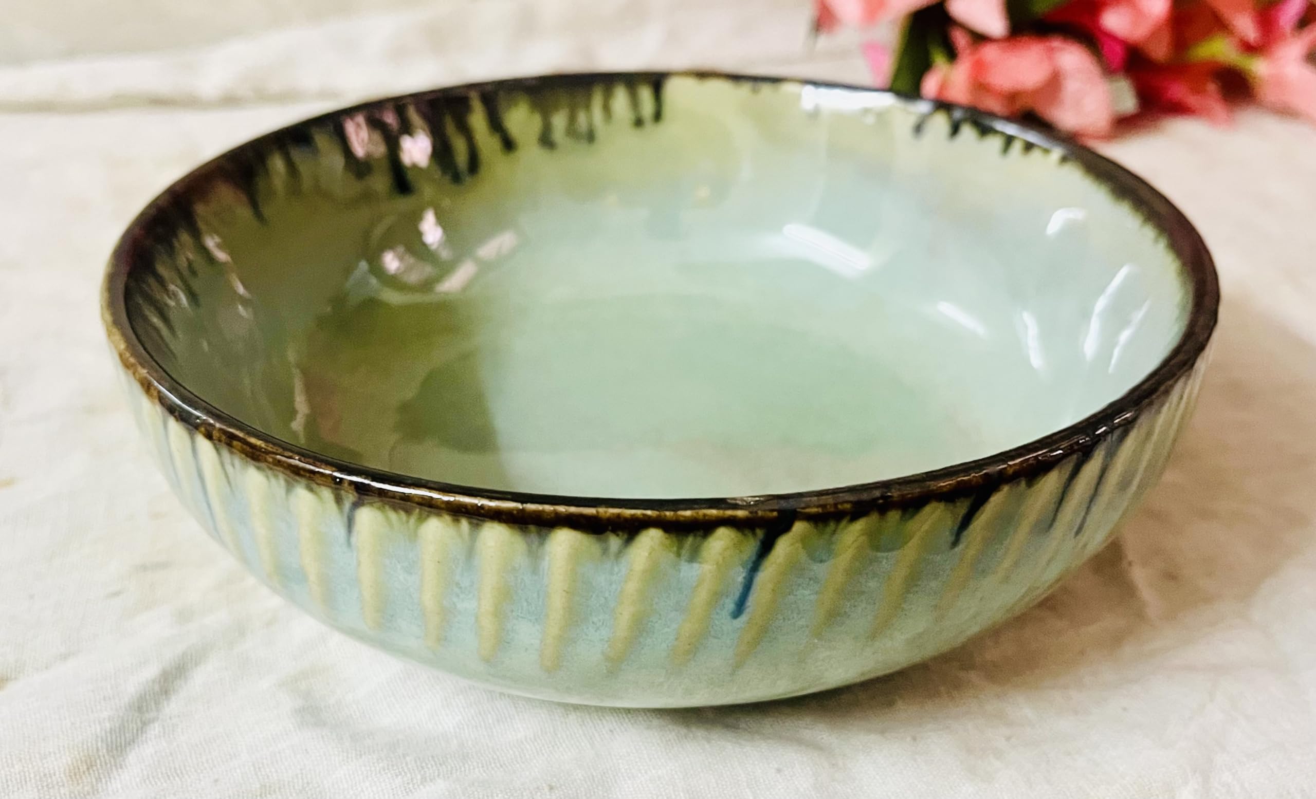 SPHINX Handmade Ceramic Serving Bowls - Microwave & Dishwasher Safe| Perfect for Snacks, Salads, Soups, Rice, Curries, Dal, Fruits & More | Set of 2(7-Inch Diameter, 600 ML Each) (Glazed Sea Green)