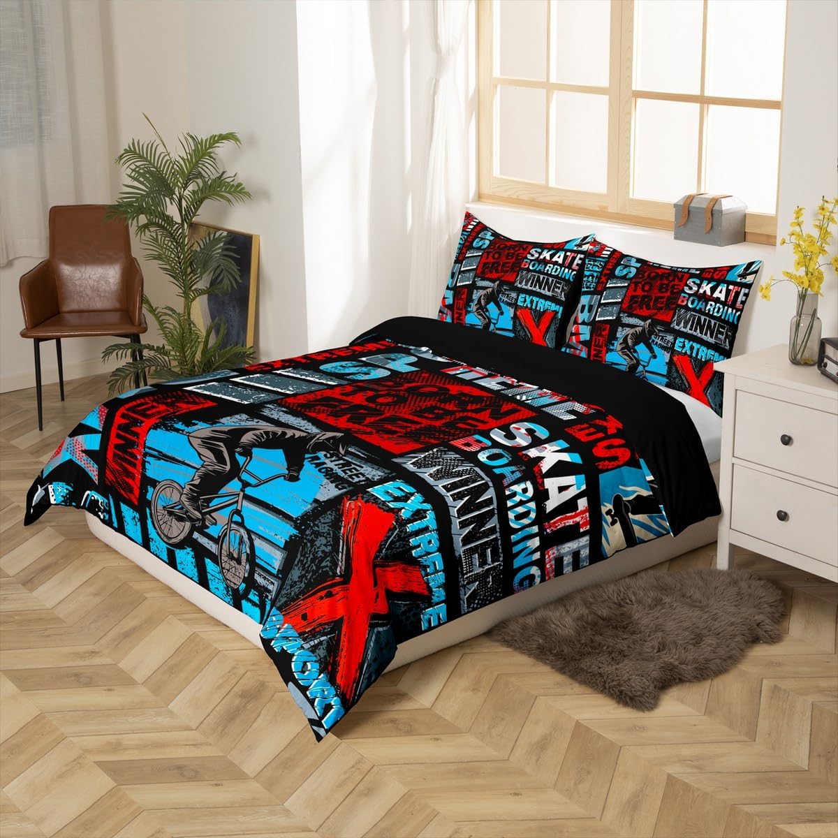 Boys Bmx Comforter Cover Extreme Sports Games Bedding Sets Dirt Bike Duvet Cover Set For Kids Teen Young Bicycle Racer Vehicle Gaming Bedspreads Cover With 2 Pillow Cases Full Size Teal Red