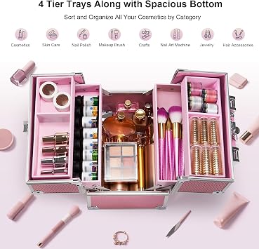 Frenessa Makeup Box Organiser Cosmetics Case Jewellery Organiser Box Vanity Case Pink Make Up Storage Beauty Case Lockable with Keys