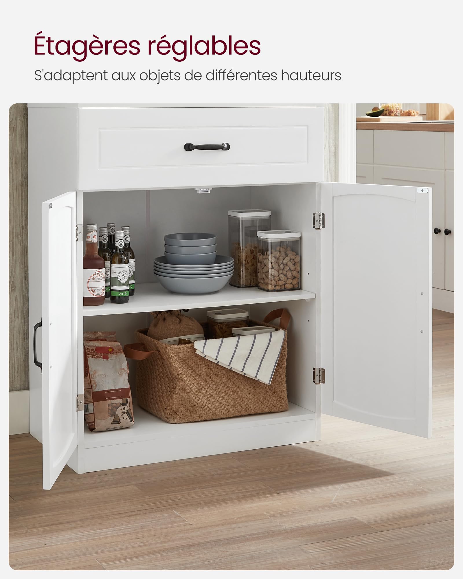 VASAGLE Buffet Haut Cuisine, Meuble de Rangement, Garde-Manger, Vaisselier, avec Portes en Verre et Étagères Réglables, Trou de Passage des Câbles, pour Micro-Ondes, Style Moderne, Blanc LSC361W21