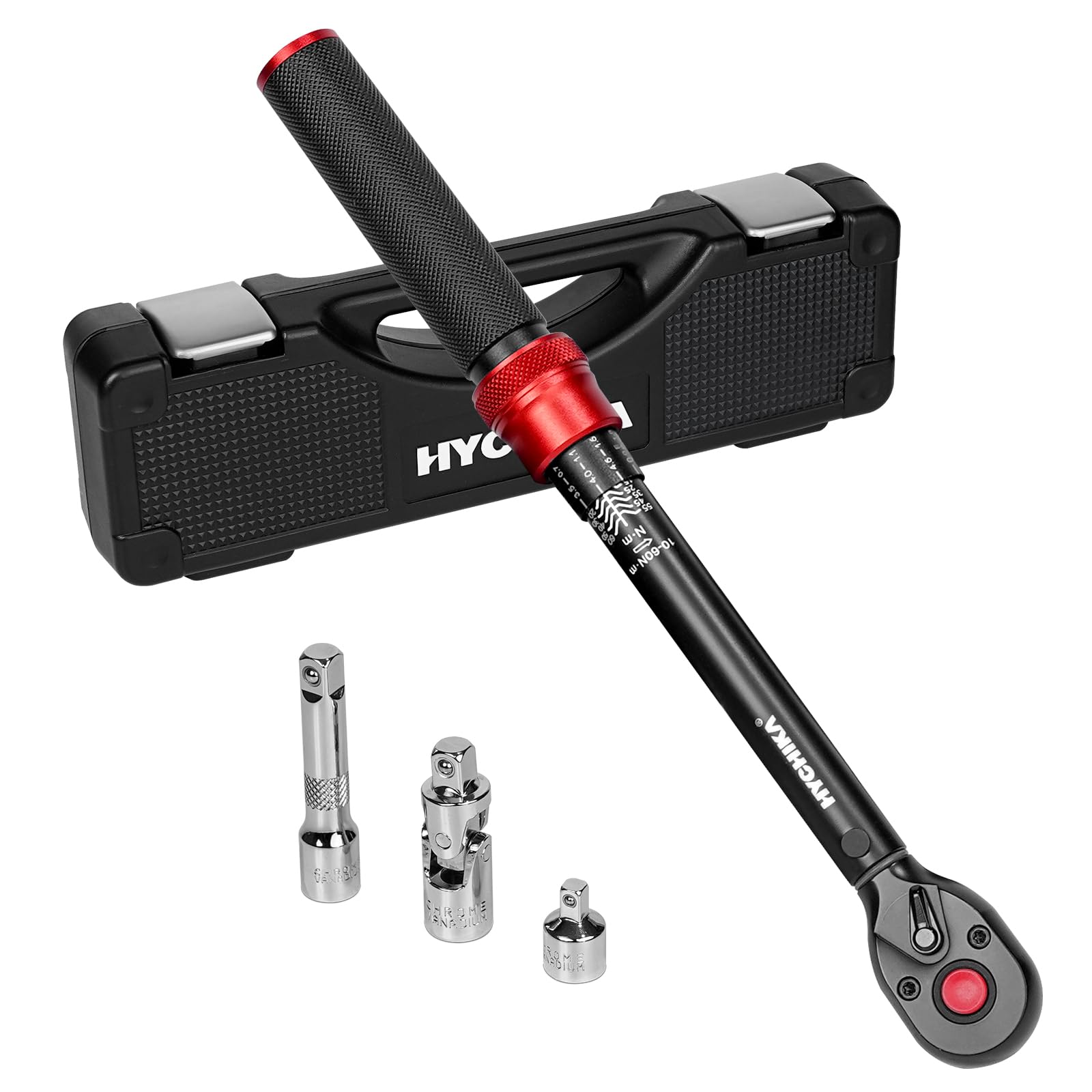HYCHIKA Llave Dinamométrica, 3/8 de Pulgada 10-60Nm, Precisión ±2%, 72 Dientes, Dinamometrica con Adaptador de 3/8 a 1/4, Junta Universal, Barra de Extensión de 75mm para Coche, Moto, Bicicleta