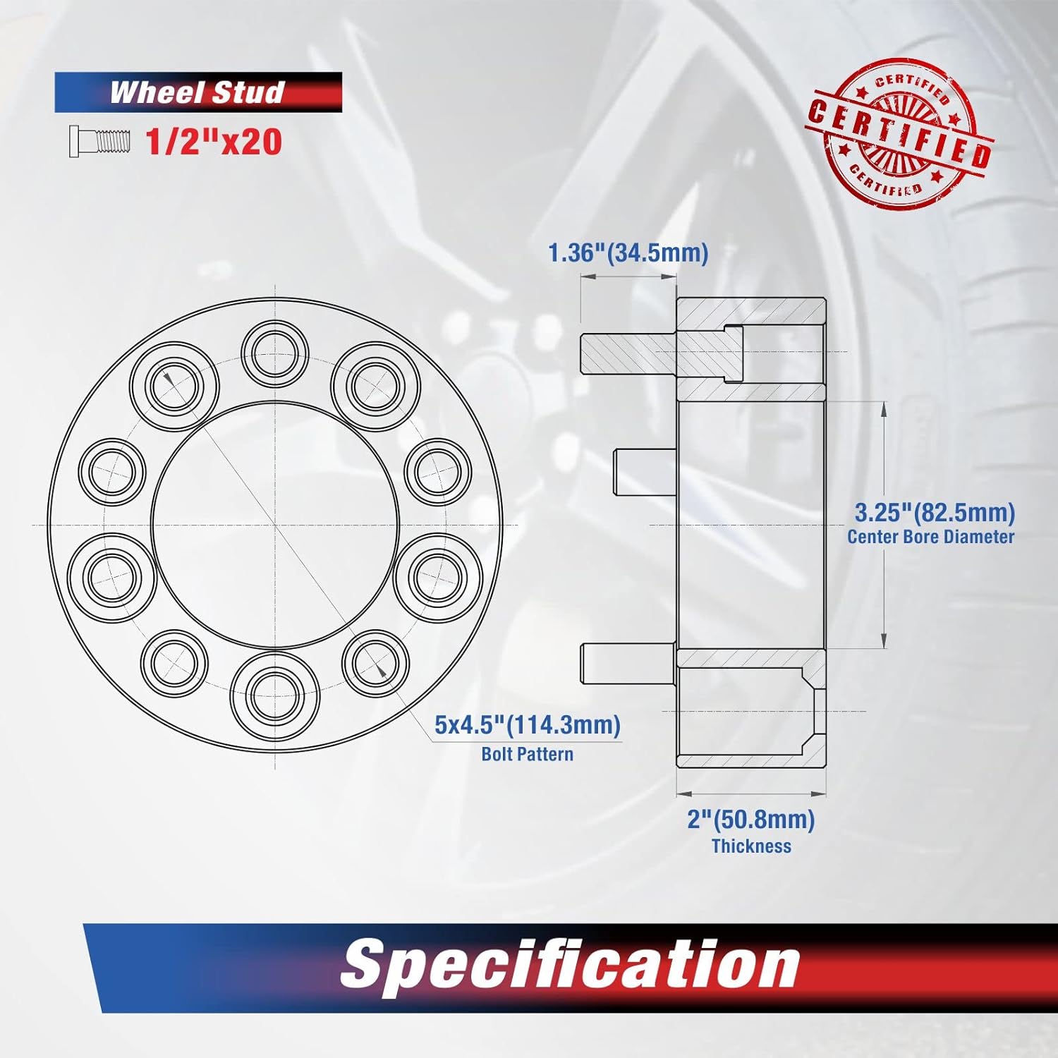 MOCA 50.8mm 5x114.3 Hubcentric Wheel Spacers (82.5mm Bore) - 1/2" x20 Studs Fit for Ford Explorer Flex Taurus Edge & for Jeep Liberty Wrangler & for Dodge Nitro Coronet (Silver, Pack of 4)