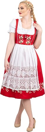 Dirndl Trachten Haus 3-Piece Red Dirndl Dress Set for Women Long German Oktoberfest Outfit