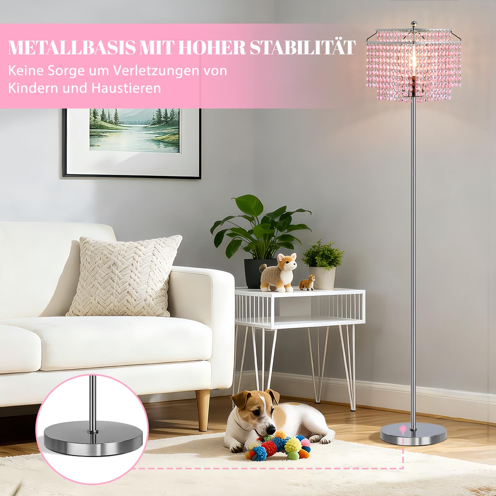 GyroVu Kristall Stehlampe Rosa, Moderne Stehleuchte mit Ein-/Ausschalter am Fuß, Hohe Floor Lamp mit doppellagigem Lampenschirm für Wohnzimmer, Schlafzimmer und Büro (Glühbirne enthalten)