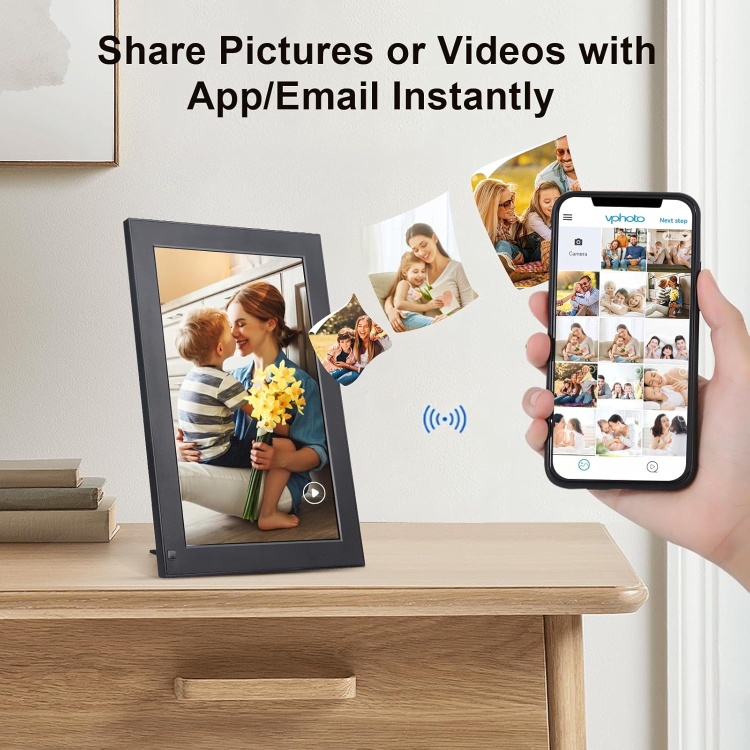 Image illustrating sharing photos and videos instantly to the digital photo frame from a smartphone app or email.