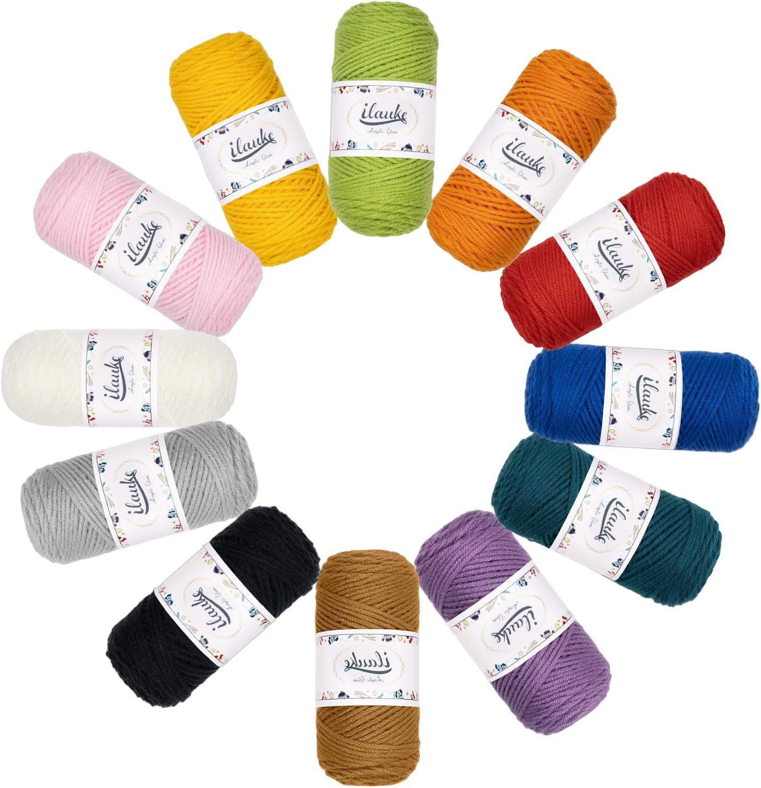 ilauke Crochet Yarn Set 12x45g, Acrylic Yarn for Crafts Amigurumi Projects, 4ply Acrylic Yarn for Hand Knitting Crafting for Beginners Adults for Crochet Knitting and Crafts