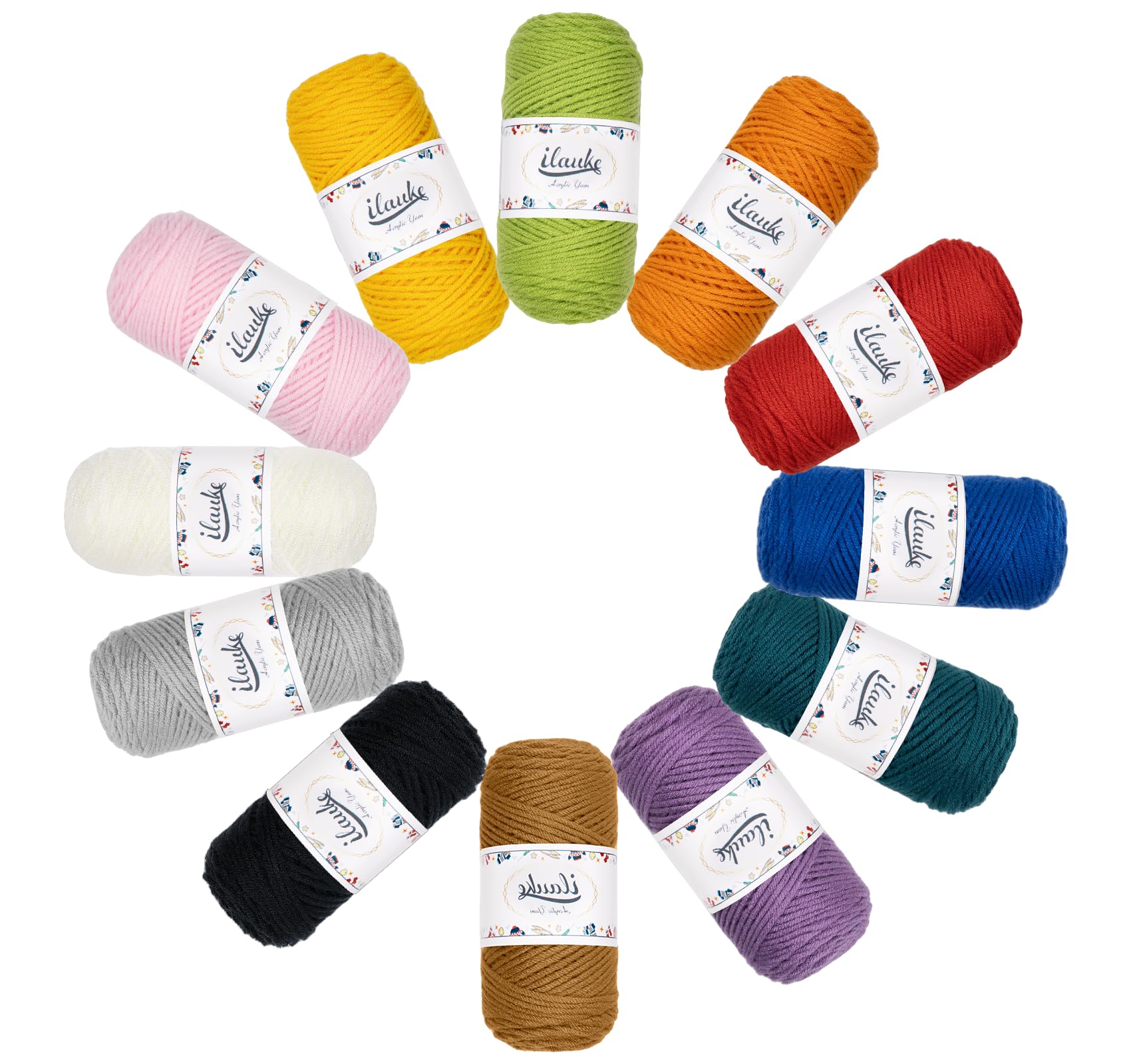 ilauke Crochet Yarn Set 12x45g, Acrylic Yarn for Crafts Amigurumi Projects, 4ply Acrylic Yarn for Hand Knitting Crafting for Beginners Adults for Crochet Knitting and Crafts