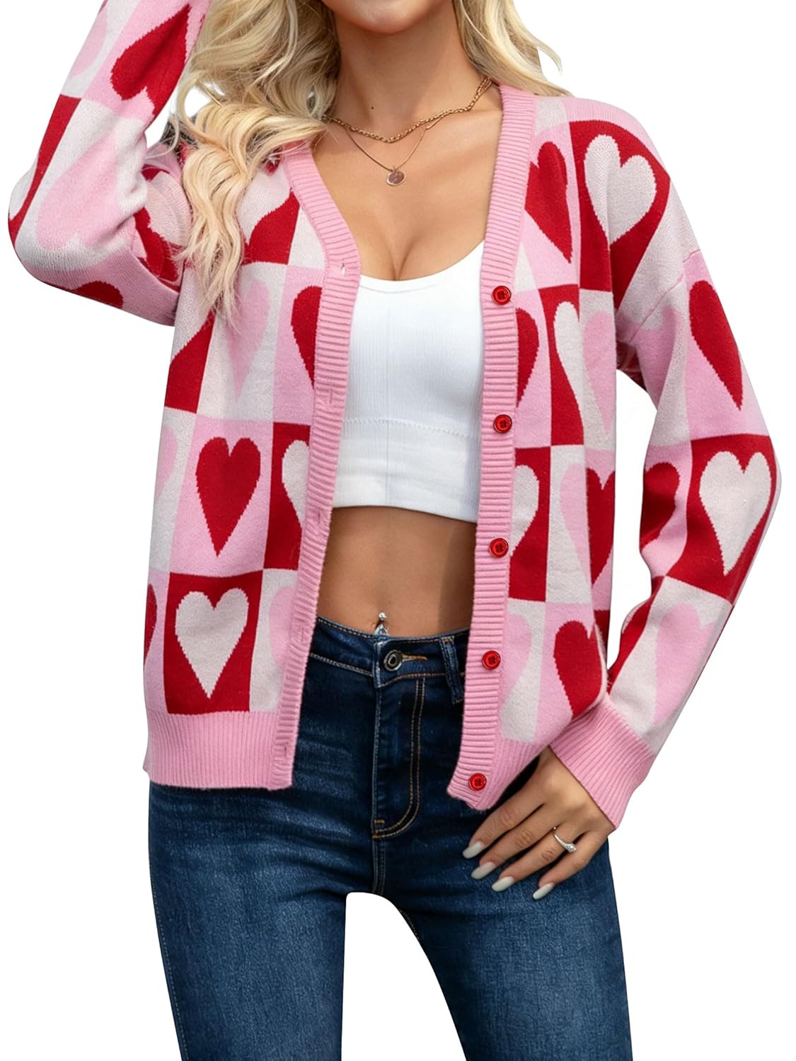 NEWWEN Valentines Cardigan Sweaters for Women Heart Graphic Knit Sweater Button Down V Neck Open Front Outerwear
